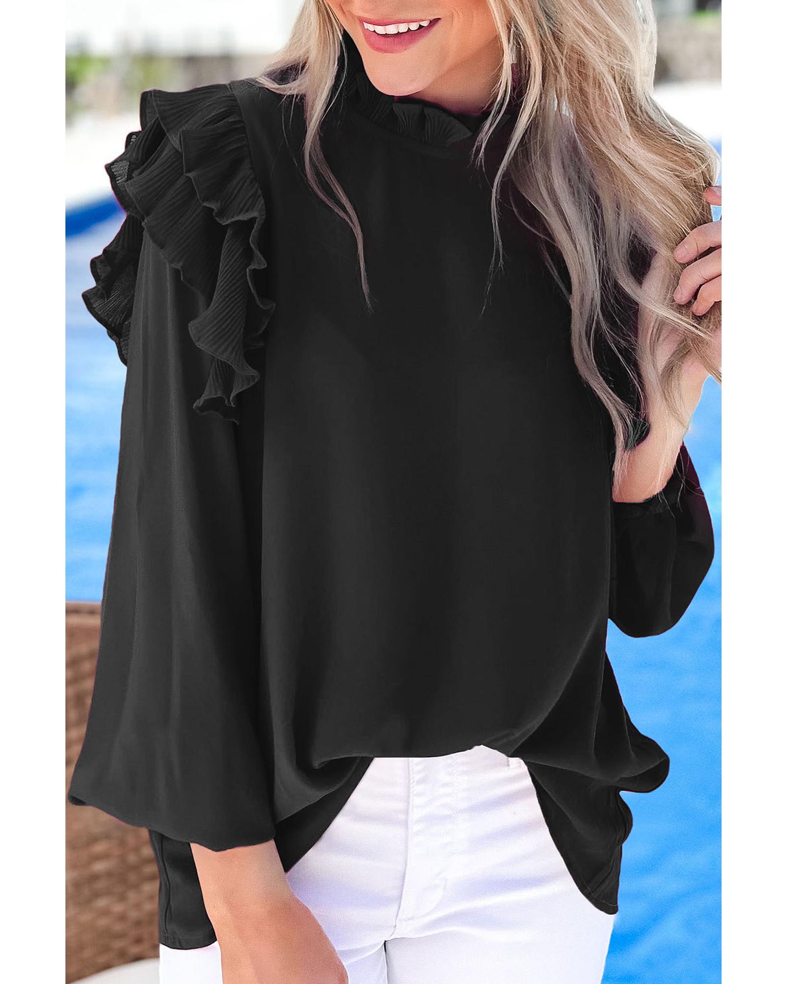 V539-AZEXDC25121471-2-L-202508270750-00 Black Button Keyhole Back Pleated Ruffle Trim Blouse - L - Image 1