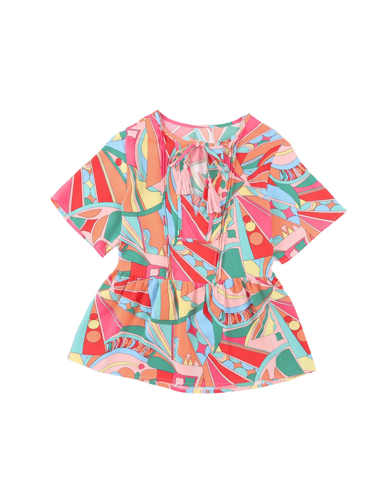 V539-AZEXDC25121488-22-S-202508251550-00 Azura Exchange Abstract Pattern Split V Neck Flowy Blouse - S - Image 1