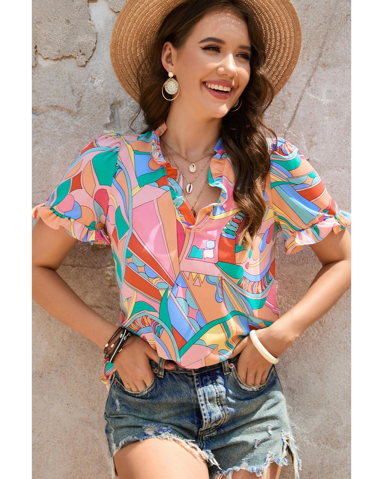 V539-AZEXDC25121574-22-M-202508260235-00 Azura Exchange Abstract Geometry Print Frilled V Neck Blouse - M - Image 1