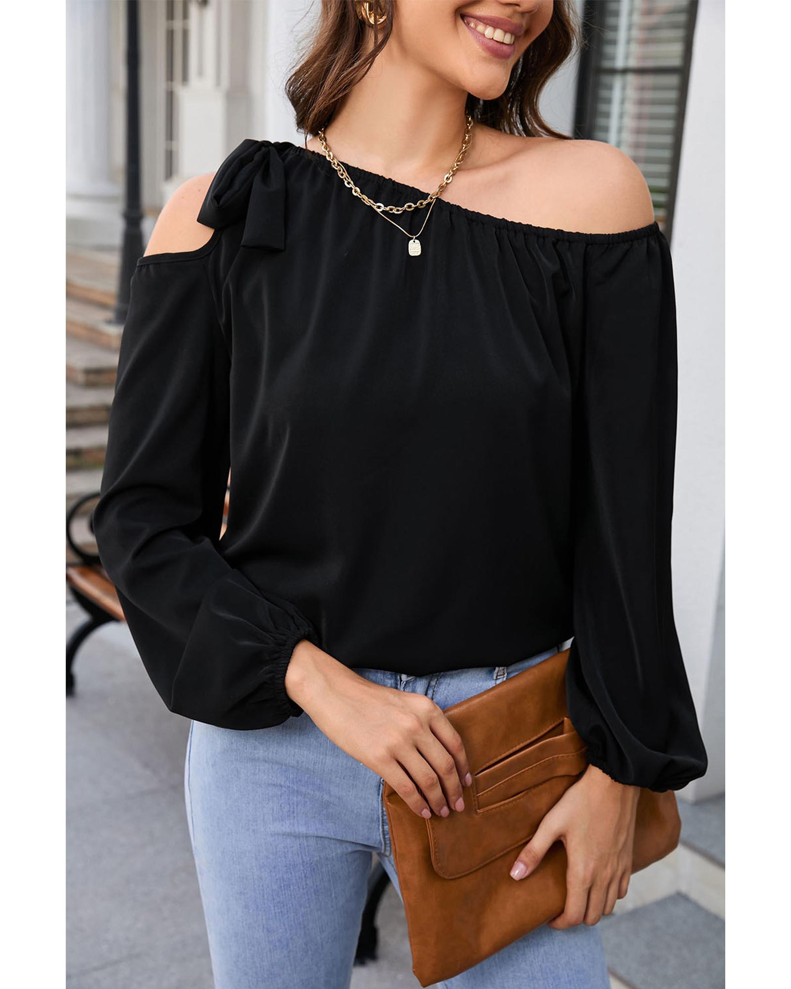 V539-AZEXDC25121659-2-M-202508260440-00 Azura Exchange Asymmetric Off Shoulder Blouse - M - Image 1