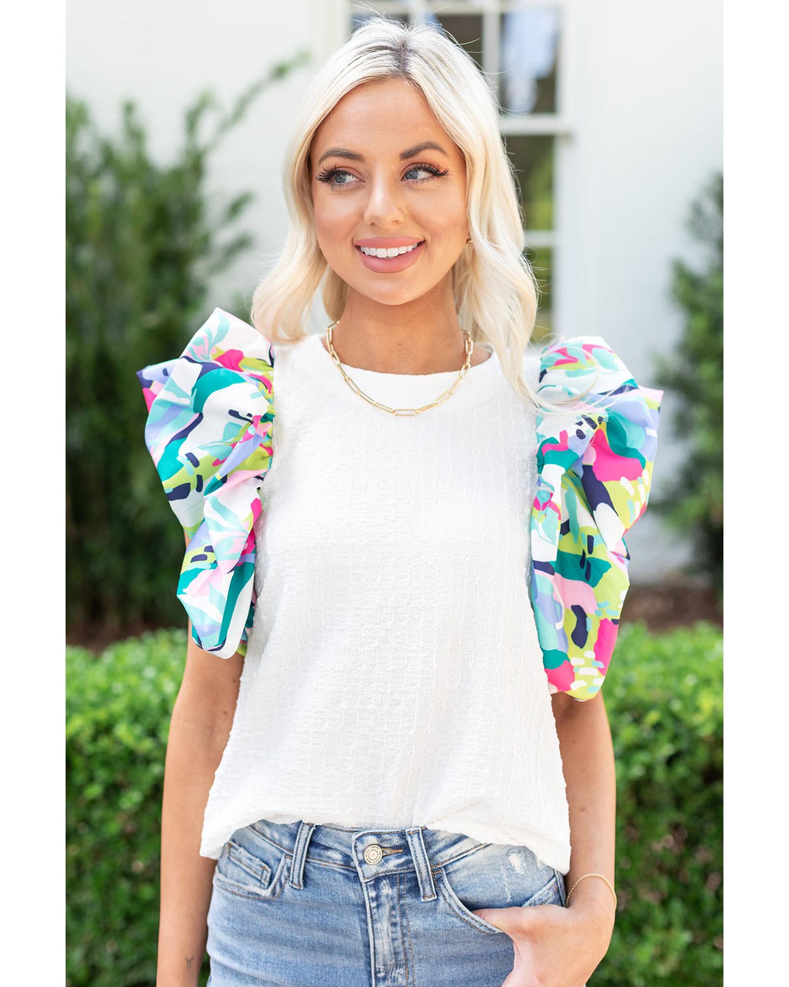 V539-AZEXDC25121693-1-S-202508260935-00 Azura Exchange Printed Puff Sleeve Textured Top - S - Image 1