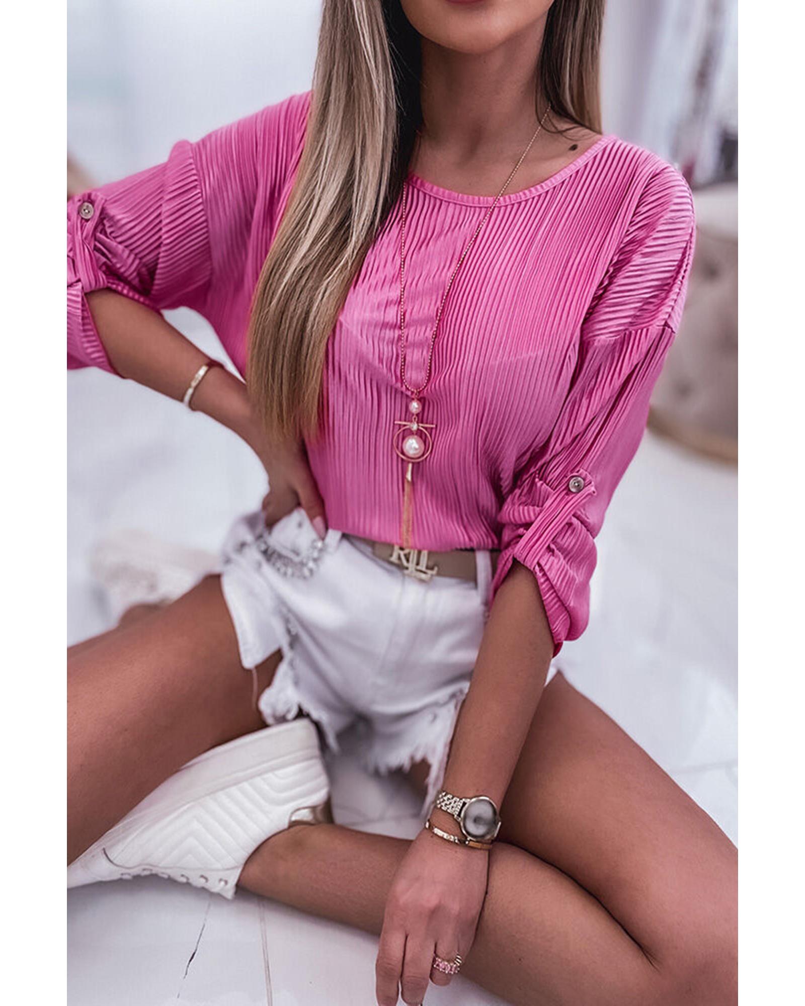 V539-AZEXDC25122204-6-XL-202508291105-00 Azura Exchange Pleated Texture Roll Tab Sleeve Blouse - XL - Image 1