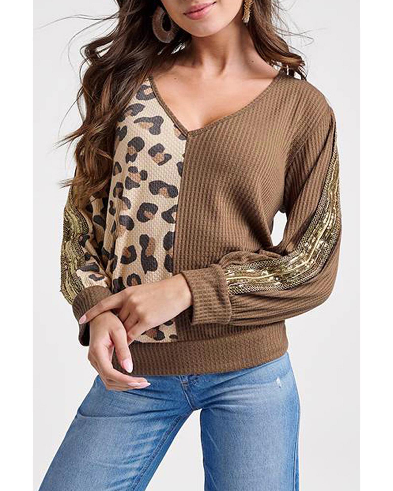 V539-AZEXDC25122294-17-S-202506120020-00 Brown Leopard Splicing Waffle Knit V Neck Top - S - Image 1