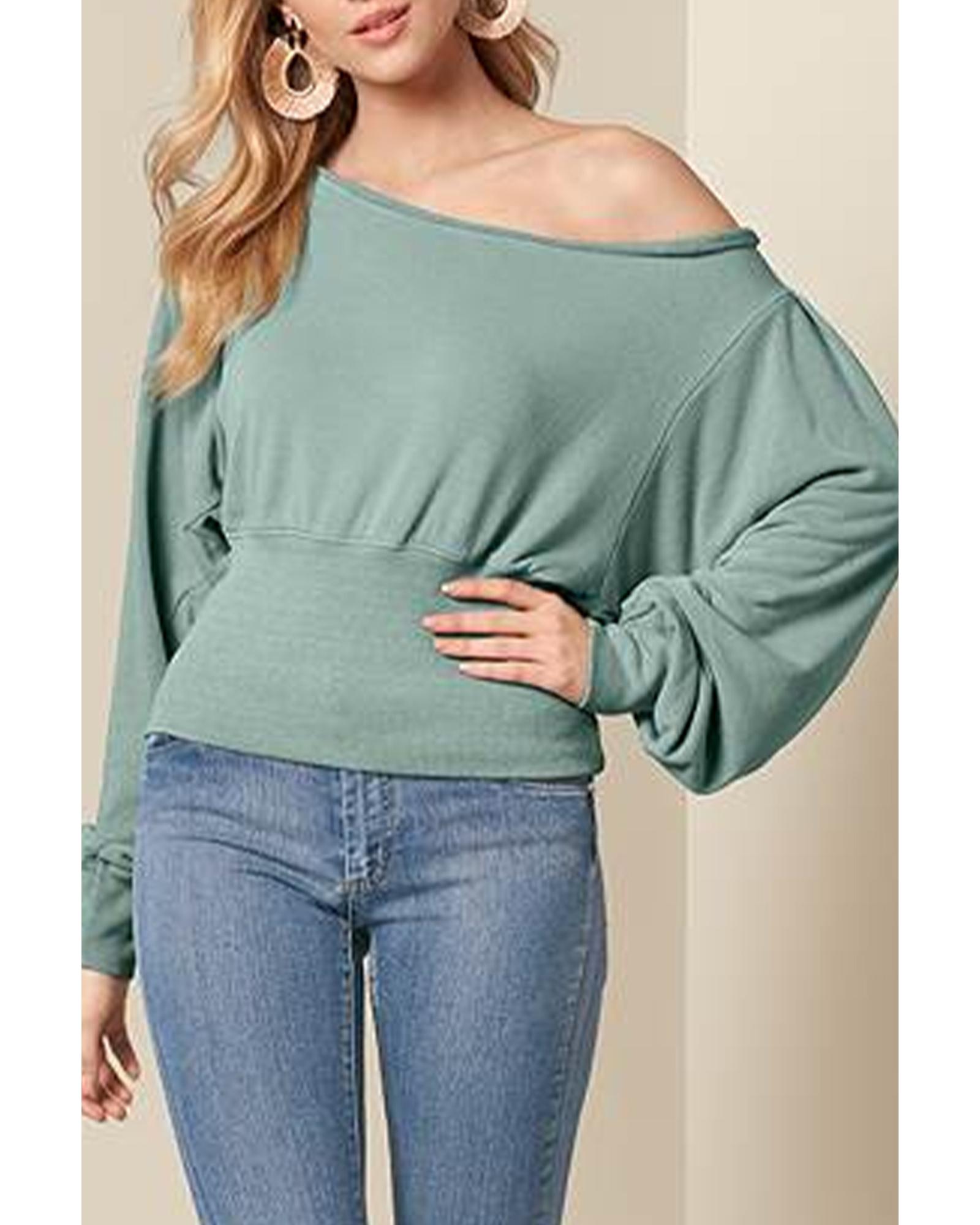 V539-AZEXDC25122312-9-L-202508270520-00 Green Off Shoulder Bishop Sleeve Cinched Waist Blouse - L - Image 1