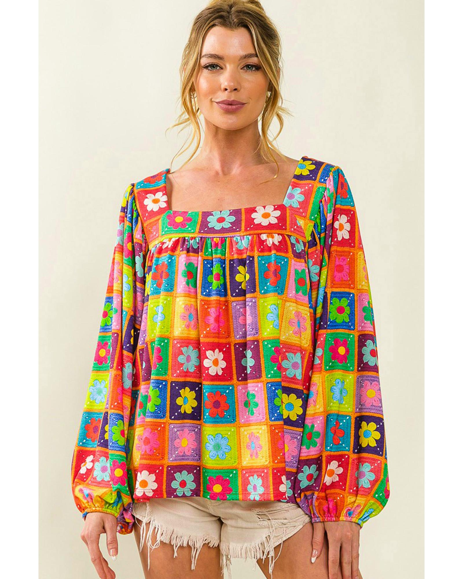 V539-AZEXDC25122400-22-S-202506120035-00 Azura Exchange Multicolor Floral Crochet Square Neck Puff Sleeve Blouse - S - Image 1