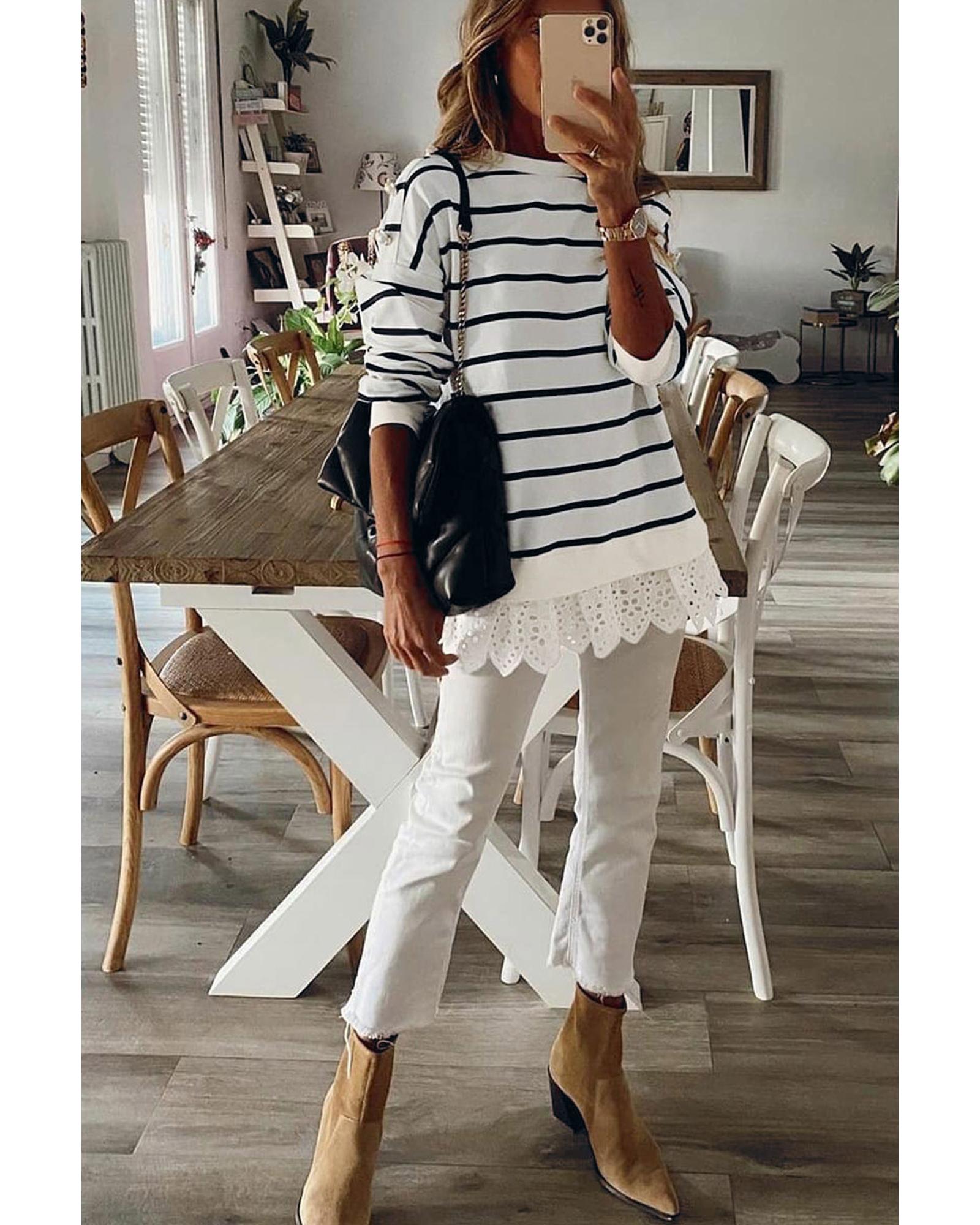 V539-AZEXDC25122407-1-M-202508291210-00 Azura Exchange Striped Button Dropped Shoulder Lace Splicing Top - M - Image 1