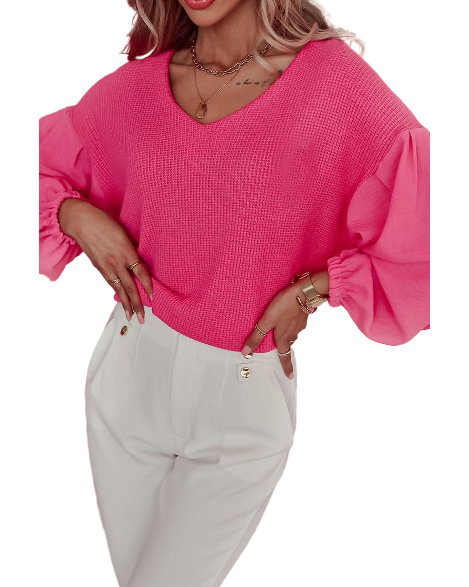 V539-AZEXDC25122453-6-L-202508270715-00 Rose Waffle Knit Balloon Sleeve Splicing V Neck Top - L - Image 1