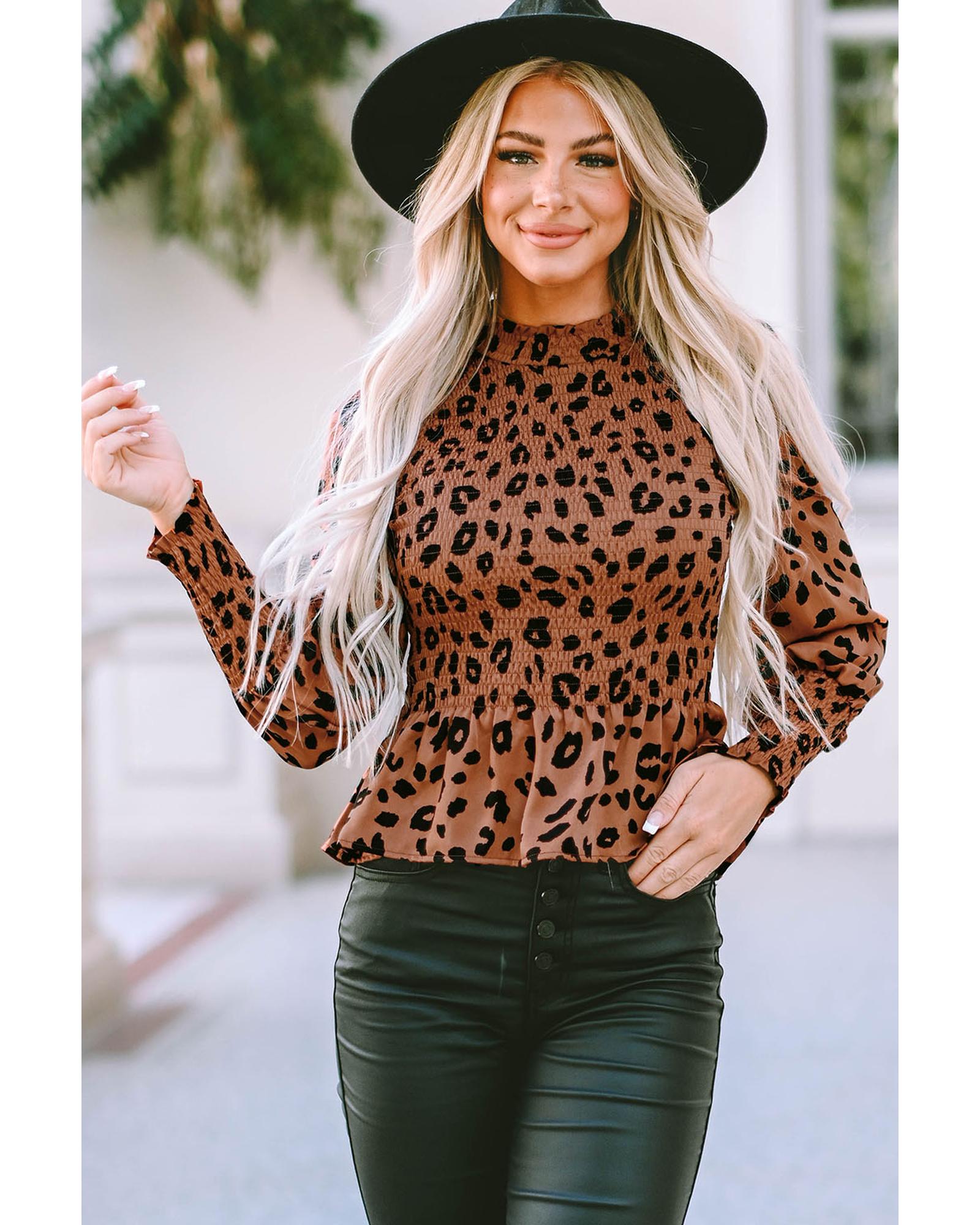 V539-AZEXDC25122511-17-S-202506120045-00 Brown Leopard Smocked Puff Sleeve Peplum Top - S - Image 1