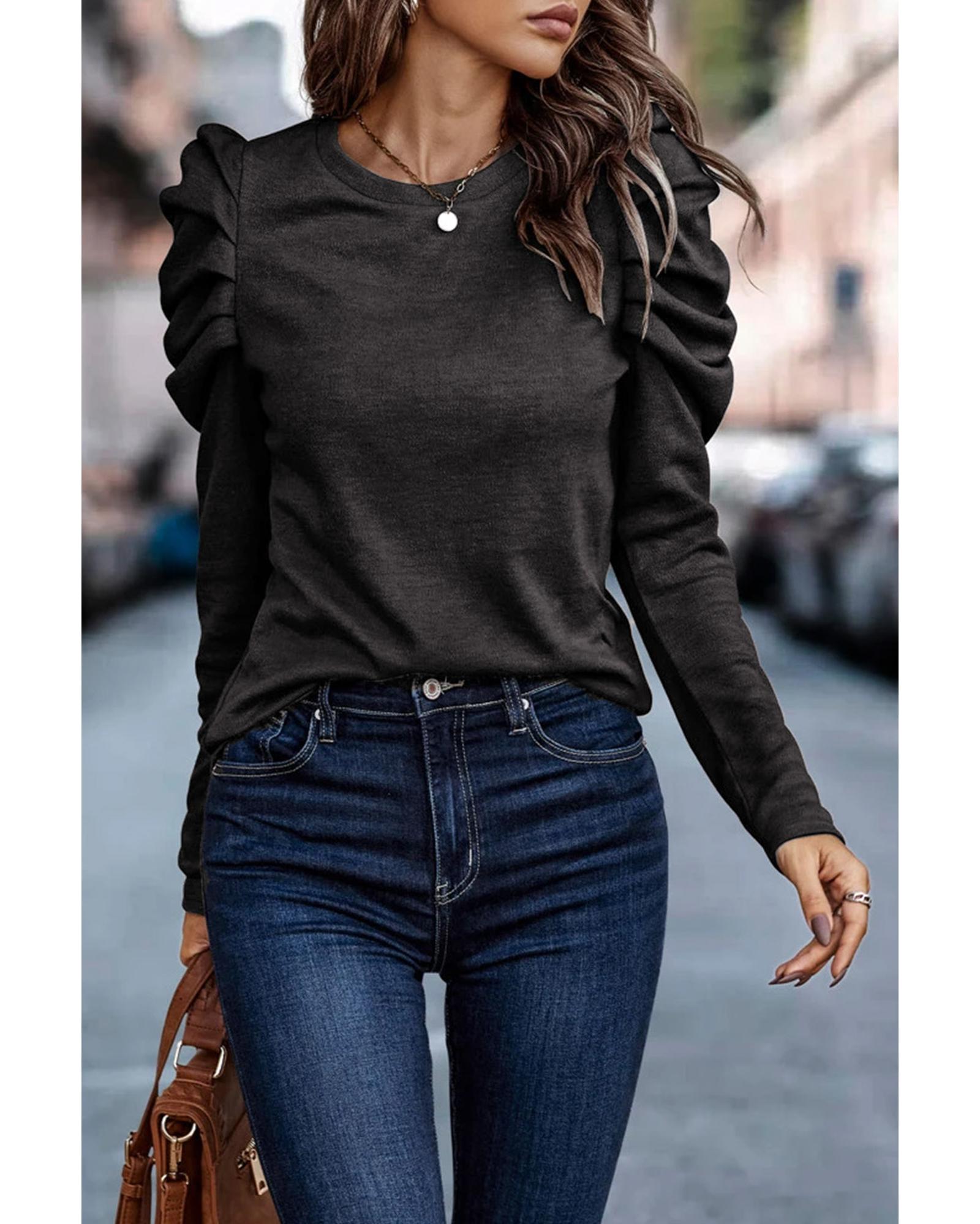 V539-AZEXDC25122571-2-L-202509010140-00 Azura Exchange Buttoned Puff Long Sleeve Sheath Top - L - Image 1