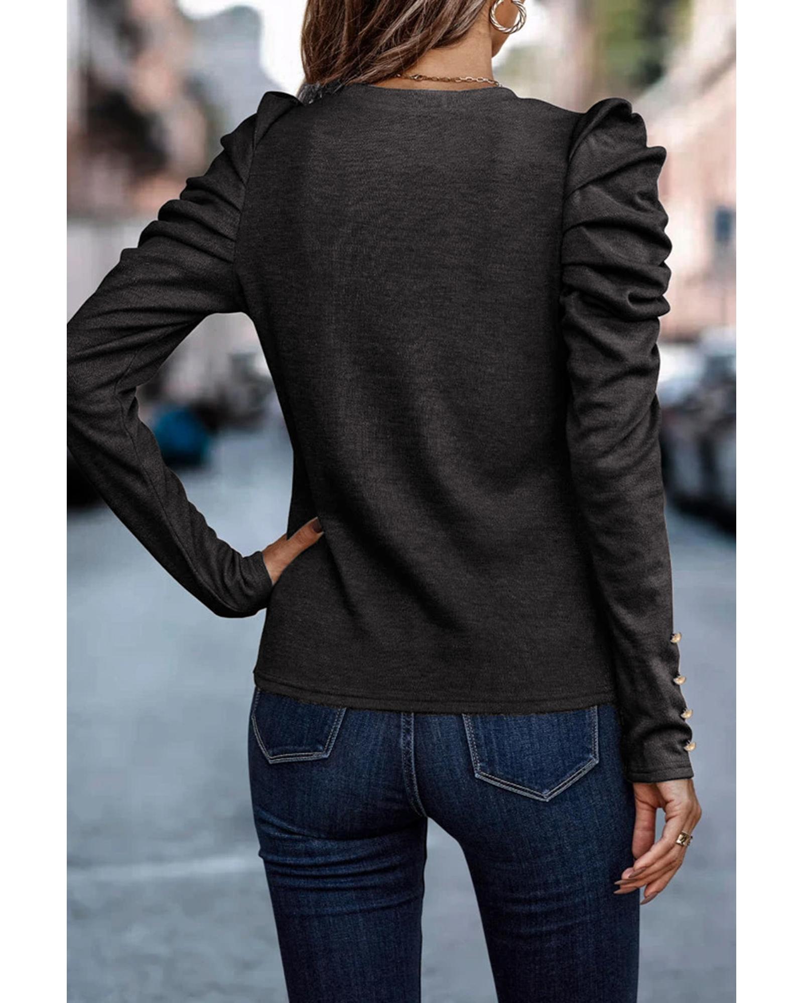 V539-AZEXDC25122571-2-M-202508311525-00 Azura Exchange Buttoned Puff Long Sleeve Sheath Top - M - Image 1