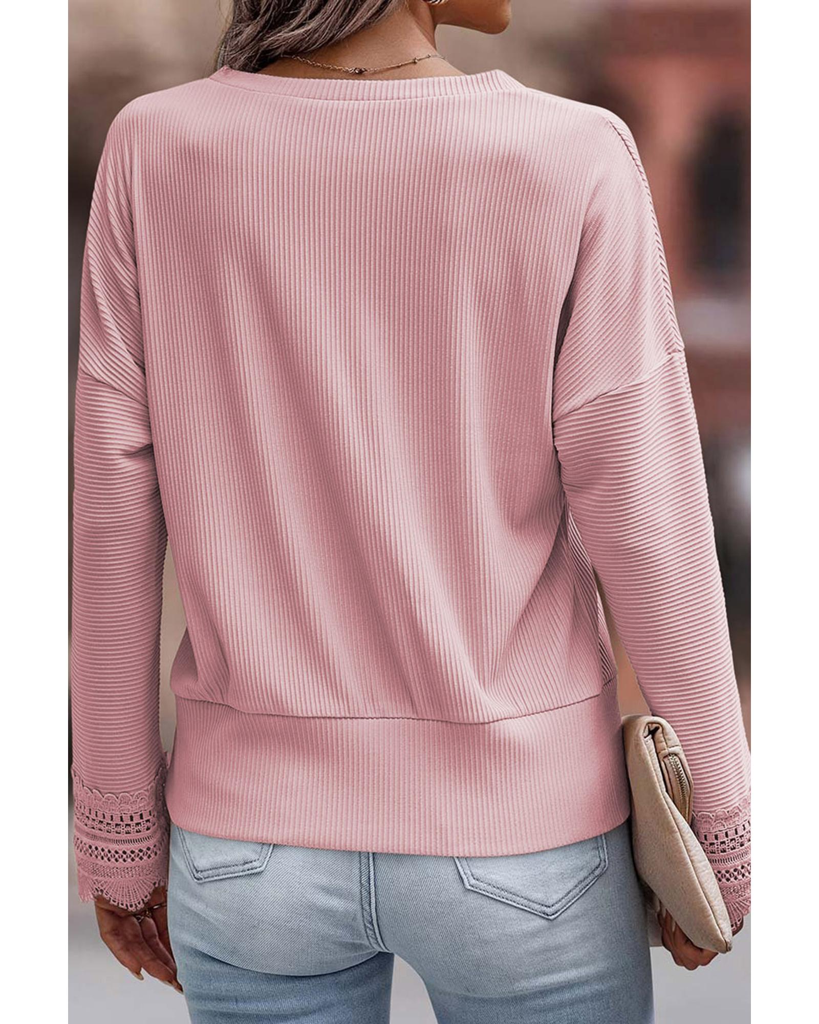 V539-AZEXDC25122653-10-S-202509010235-00 Azura Exchange Ribbed Texture Lace Trim V Neck Long Sleeve Top - S - Image 1