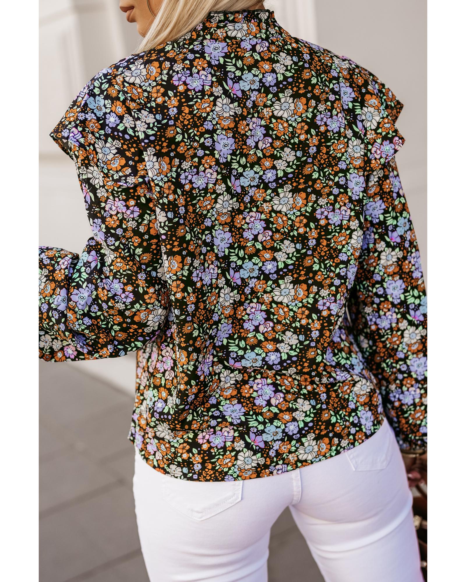 V539-AZEXDC25122678-3-M-202509010155-00 Azura Exchange Floral Print Ruffled Bubble Sleeve Shirt - M - Image 1