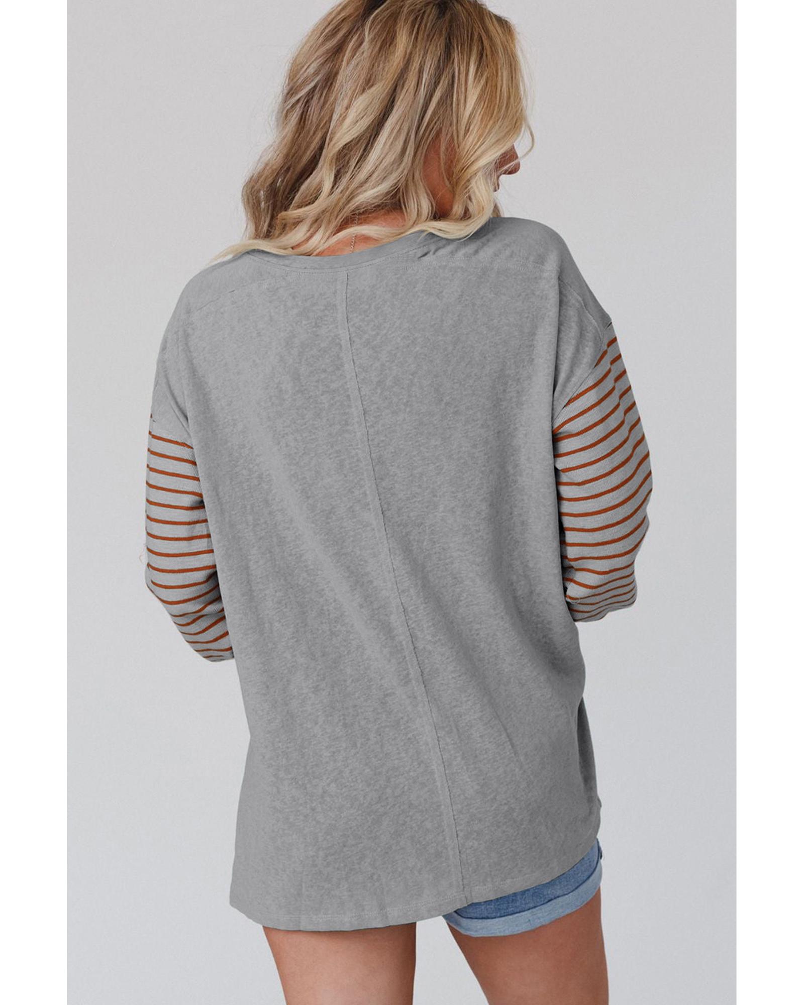 V539-AZEXDC25122727-P11-M-202508270250-00 Gray Colorblock Striped Bishop Sleeve Top - M - Image 1