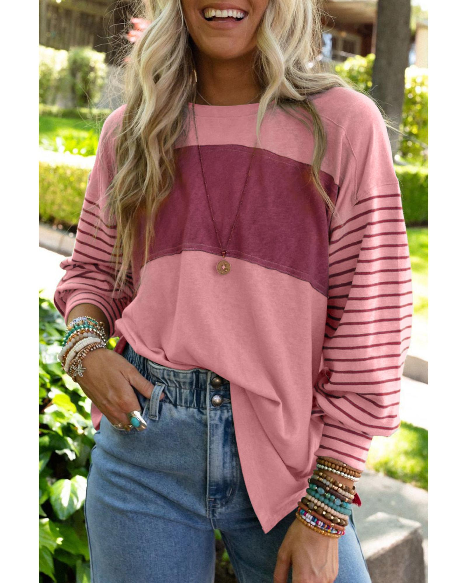 V539-AZEXDC25122727-P4010-S-202508291010-00 Azura Exchange Bishop Sleeve Colorblock Striped Top - S - Image 1