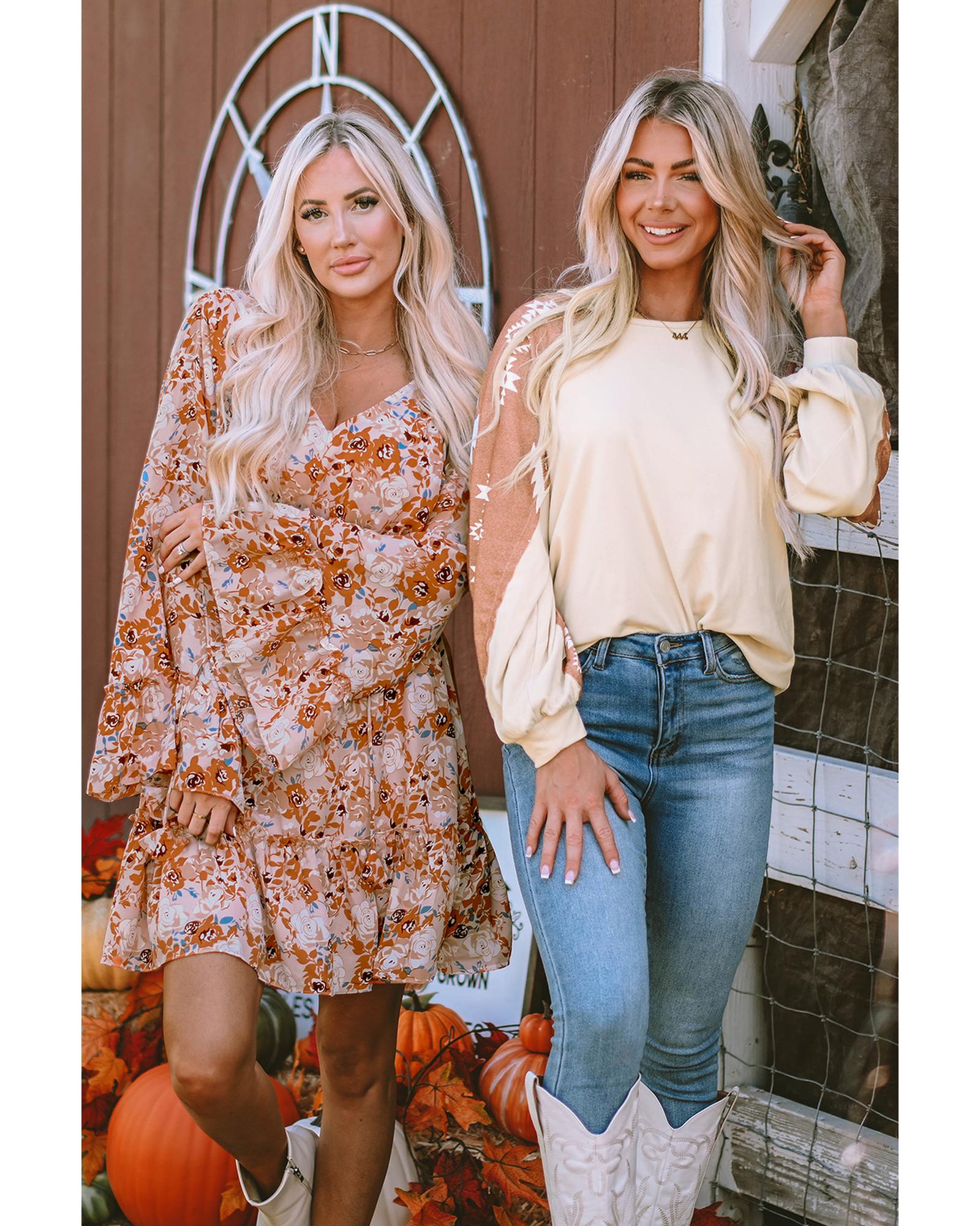 V539-AZEXDC25122732-18-L-202508270700-00 Apricot Western Print Patch Long Sleeve Top - L - Image 1