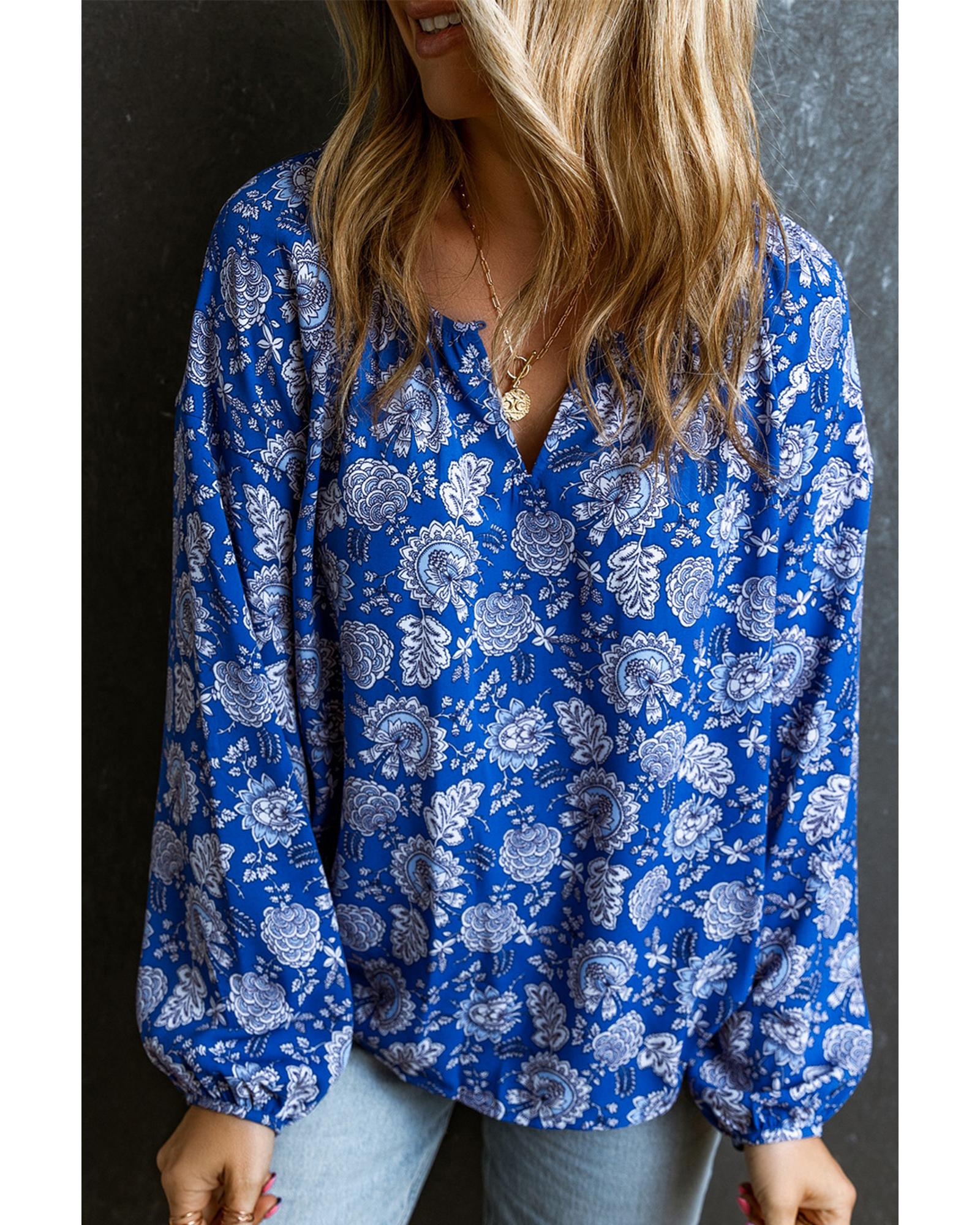 V539-AZEXDC25122862-5-L-202508270850-00 Blue Floral Notched V-Neck Long Sleeve Blouse - L - Image 1