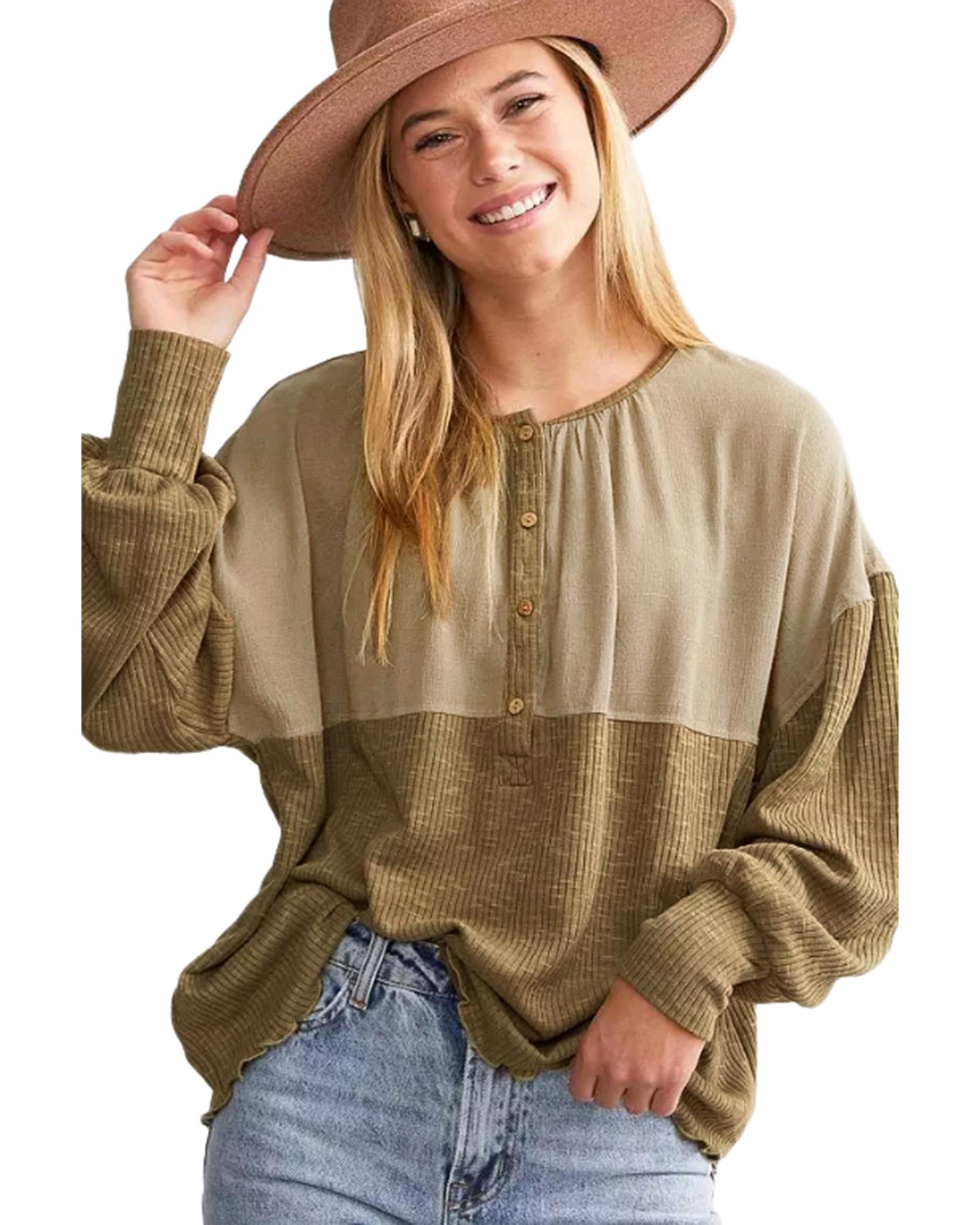 V539-AZEXDC25123119-16-XL-202508271415-00 Khaki Ribbed Patchwork Drop Shoulder Buttoned Neckline Blouse - XL - Image 1