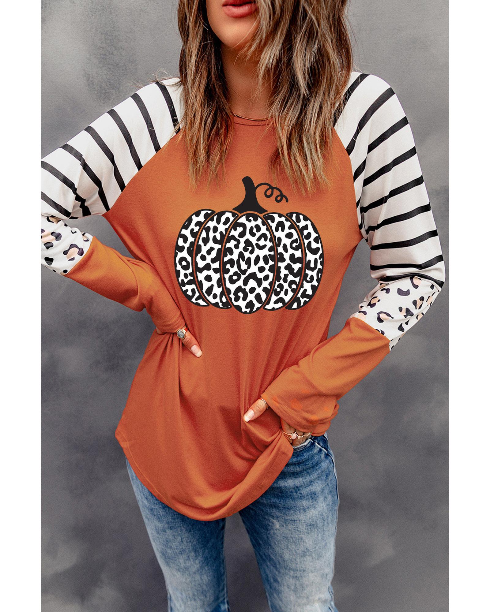 V539-AZEXDC25123153-14-S-202508272120-00 Orange Leopard Pumpkin Graphic Contrast Long Sleeve Top - S - Image 1
