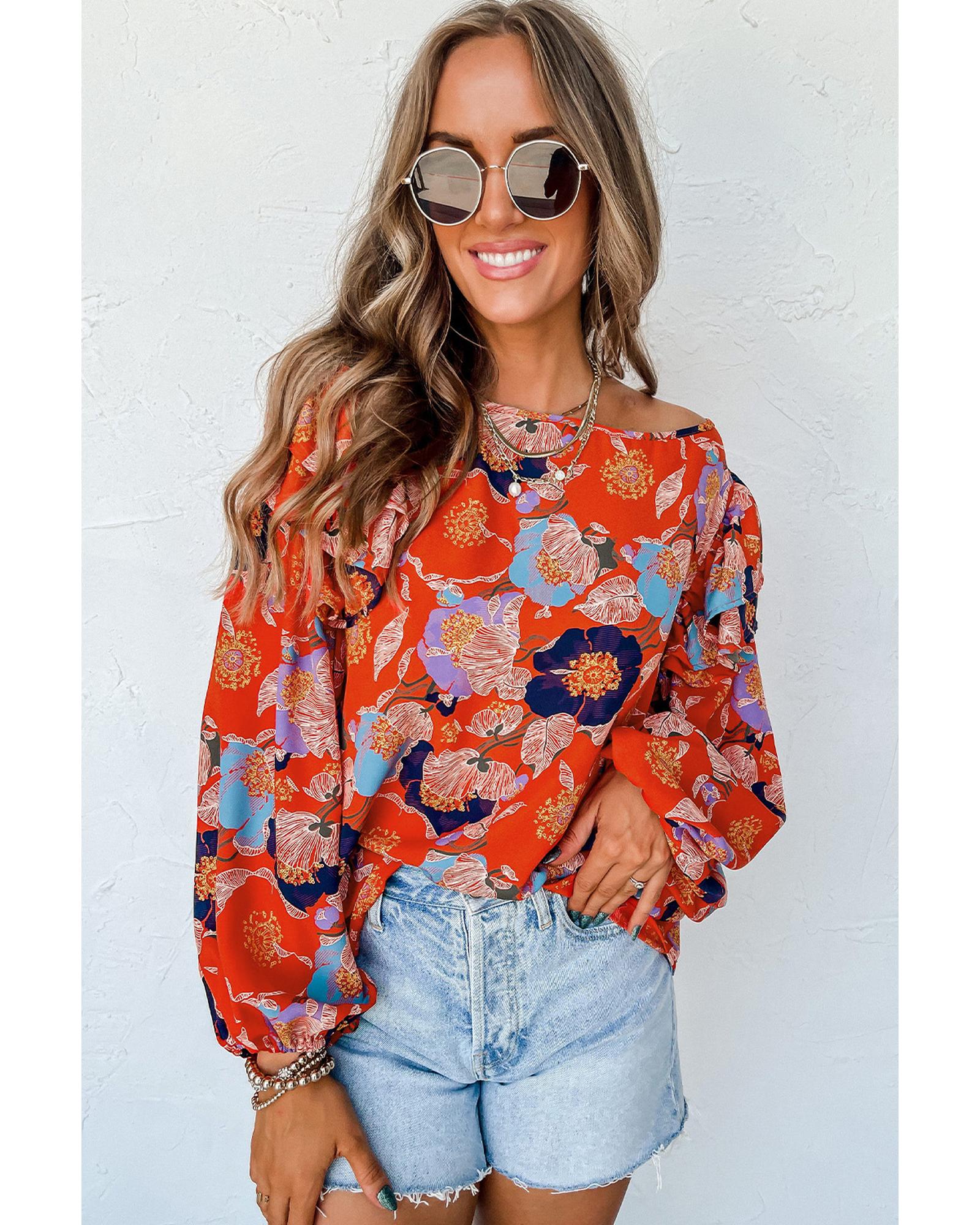 V539-AZEXDC25123169-3-M-202508291220-00 Azura Exchange Floral Print Ruffle Puff Sleeve Blouse - M - Image 1