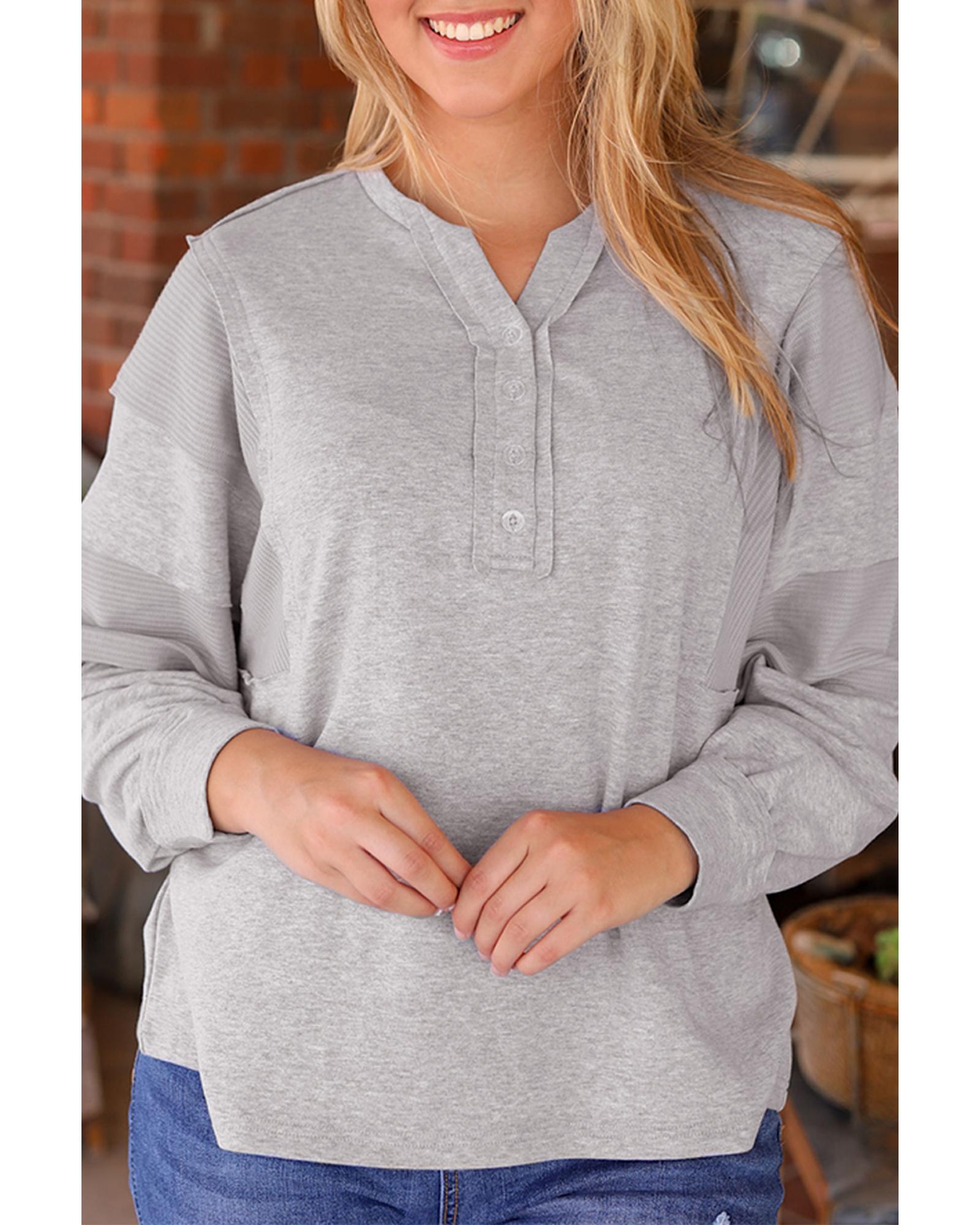 V539-AZEXDC25123171-11-L-202508272315-00 Gray Waffle Patchwork Dolman Sleeve Henley Top - L - Image 1