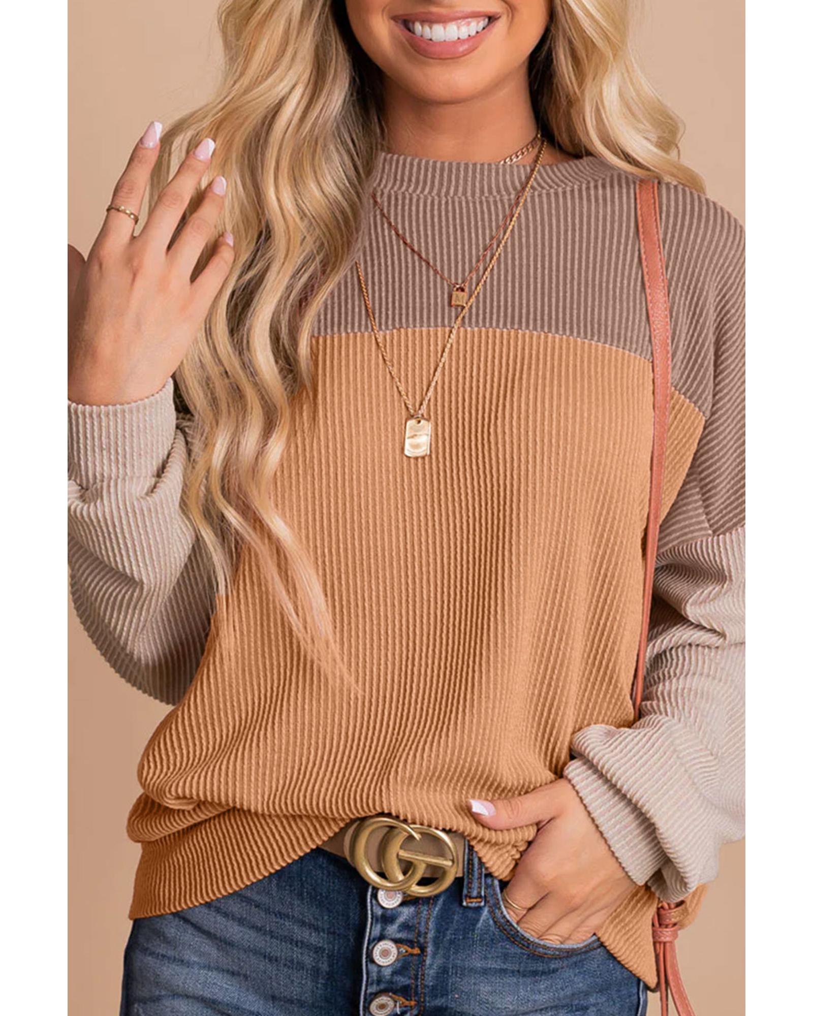 V539-AZEXDC25123172-16-M-202508270935-00 Khaki Color Block Long Sleeve Ribbed Loose Top - M - Image 1