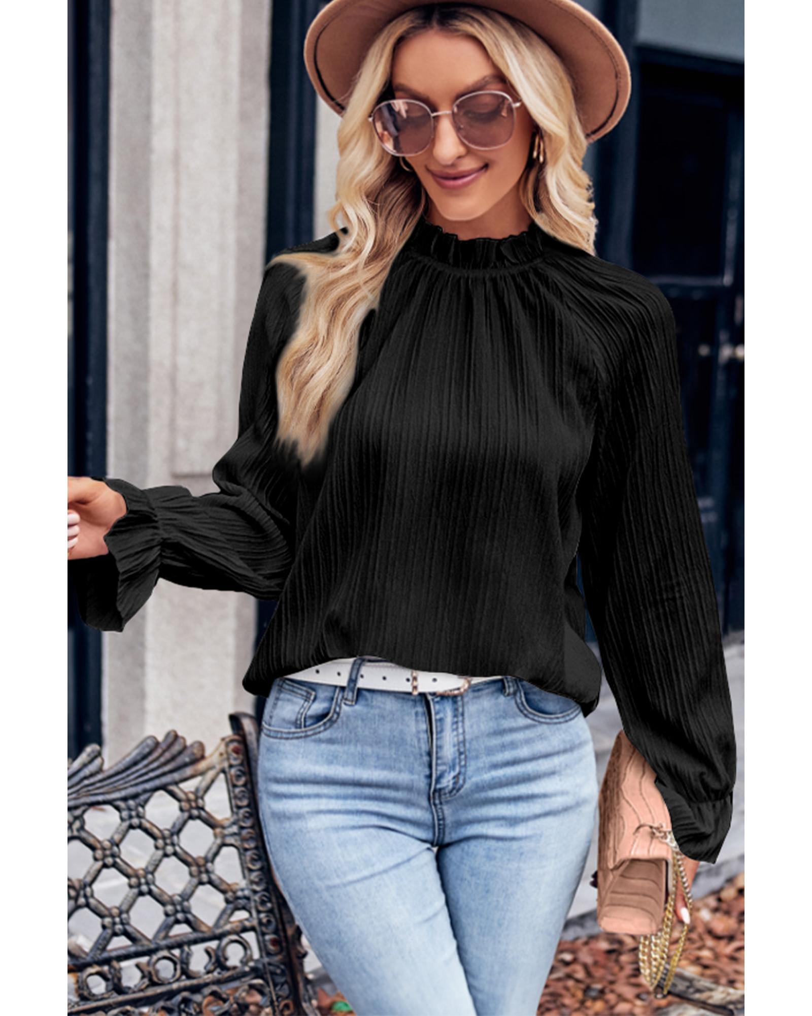 V539-AZEXDC25123206-2-L-202508291155-00 Azura Exchange Frilled Mock Neck Ripple Bubble Sleeve Blouse - L - Image 1