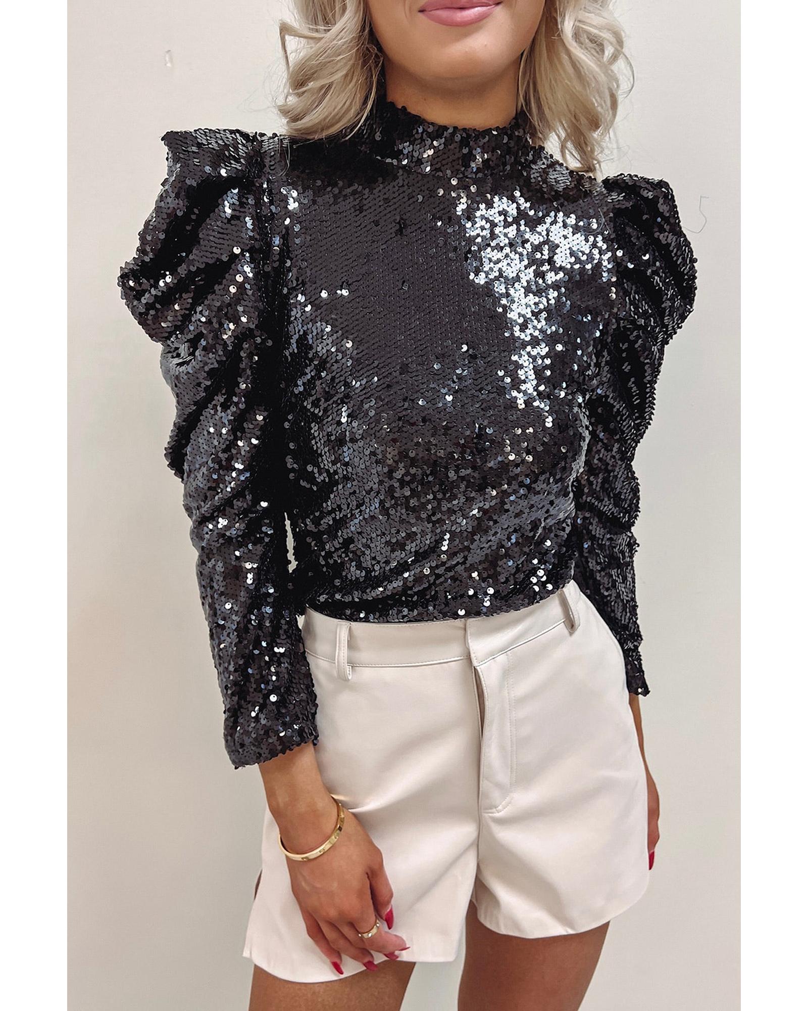 V539-AZEXDC25123260-2-L-202508270505-00 Black Sequin Mock Neck Bubble Sleeve Top - L - Image 1
