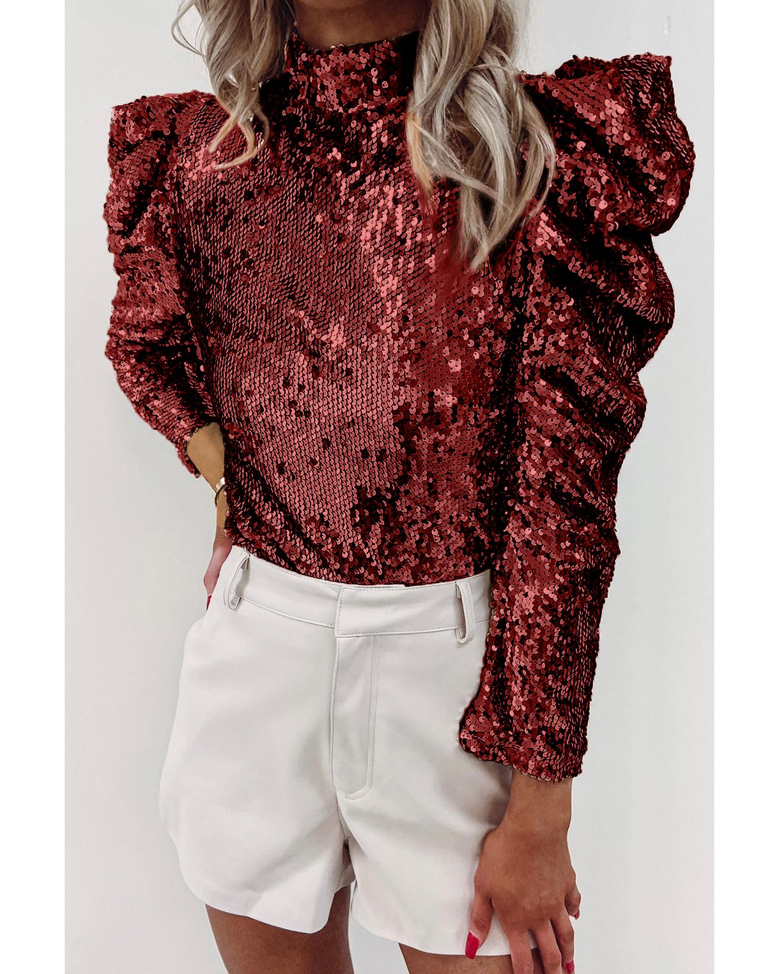 V539-AZEXDC25123260-P503-L-202508271010-00 Burgundy Sequin Mock Neck Bubble Sleeve Top - L - Image 1
