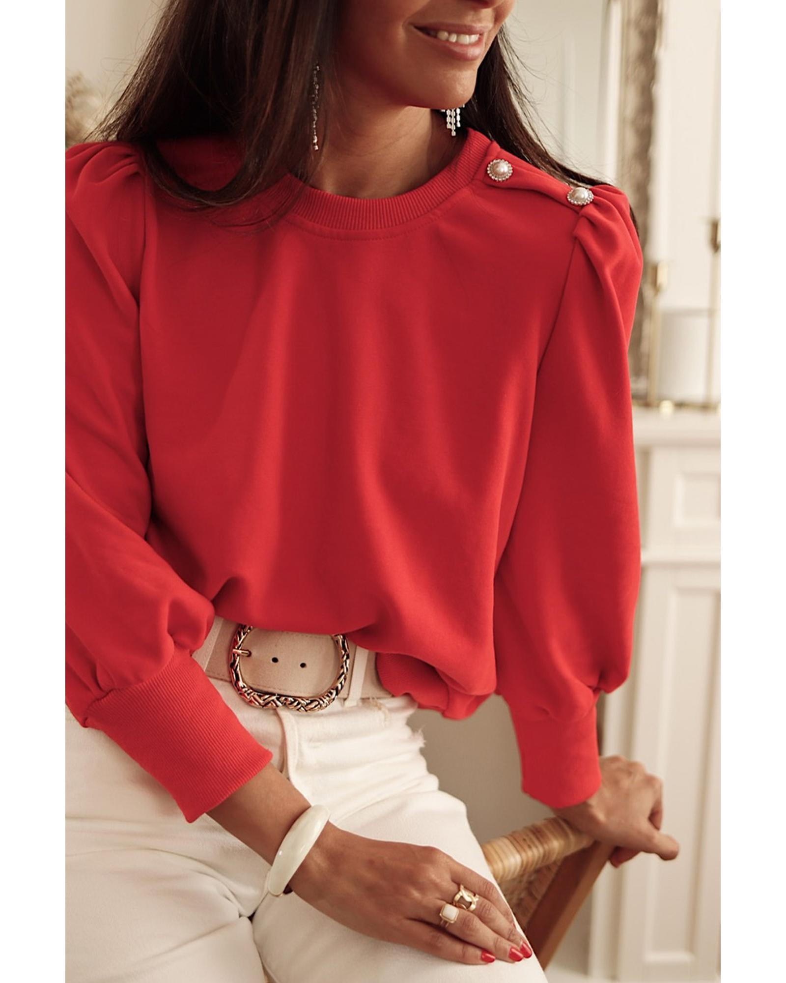 V539-AZEXDC25123311-3-XL-202508270235-00 Red Button Tab Detail Long Sleeve Top - XL - Image 1