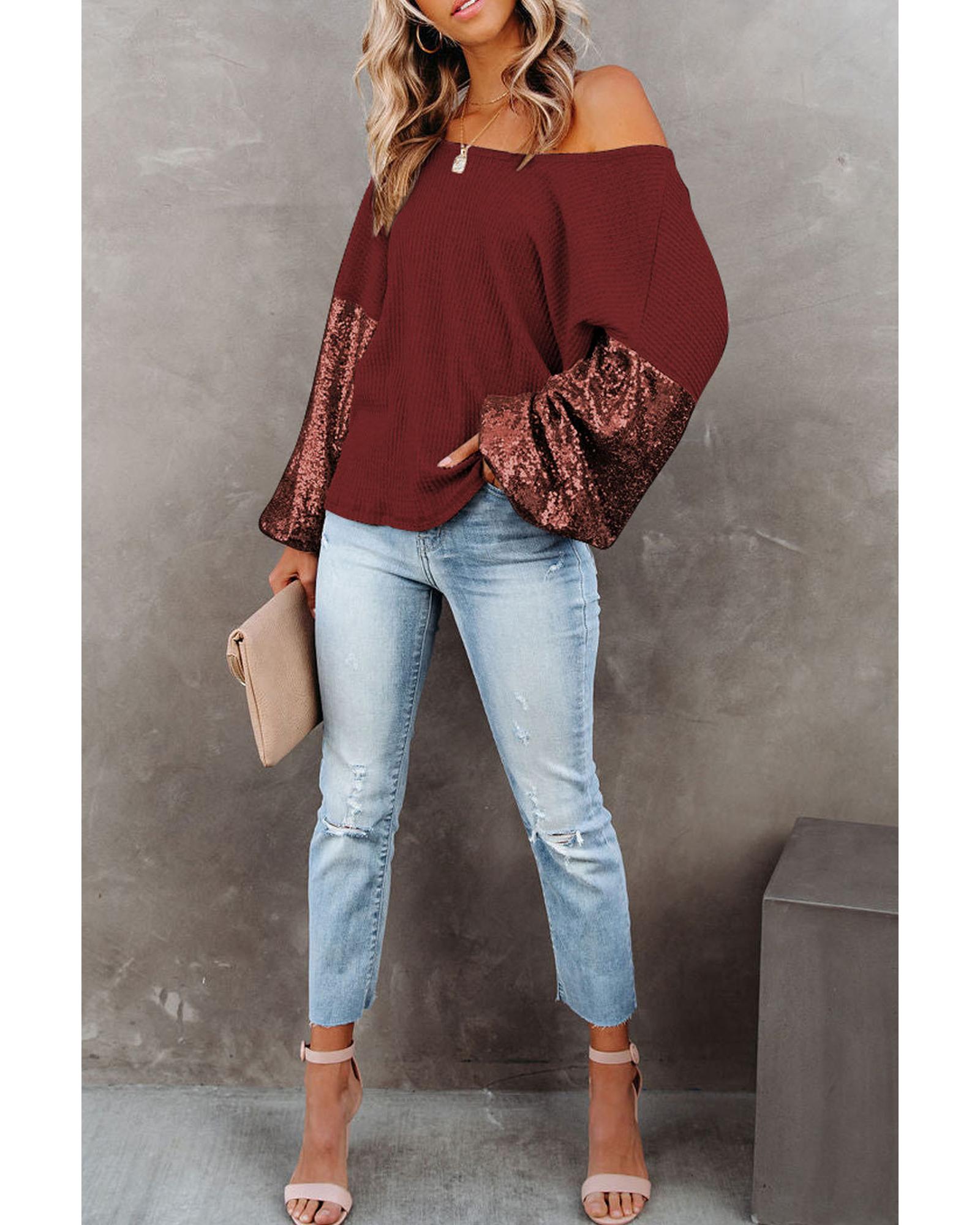 V539-AZEXDC25123326-P503-S-202508271345-00 Biking Red Sequin Patchwork Sleeve Open Back Waffle Knit Top - S - Image 1