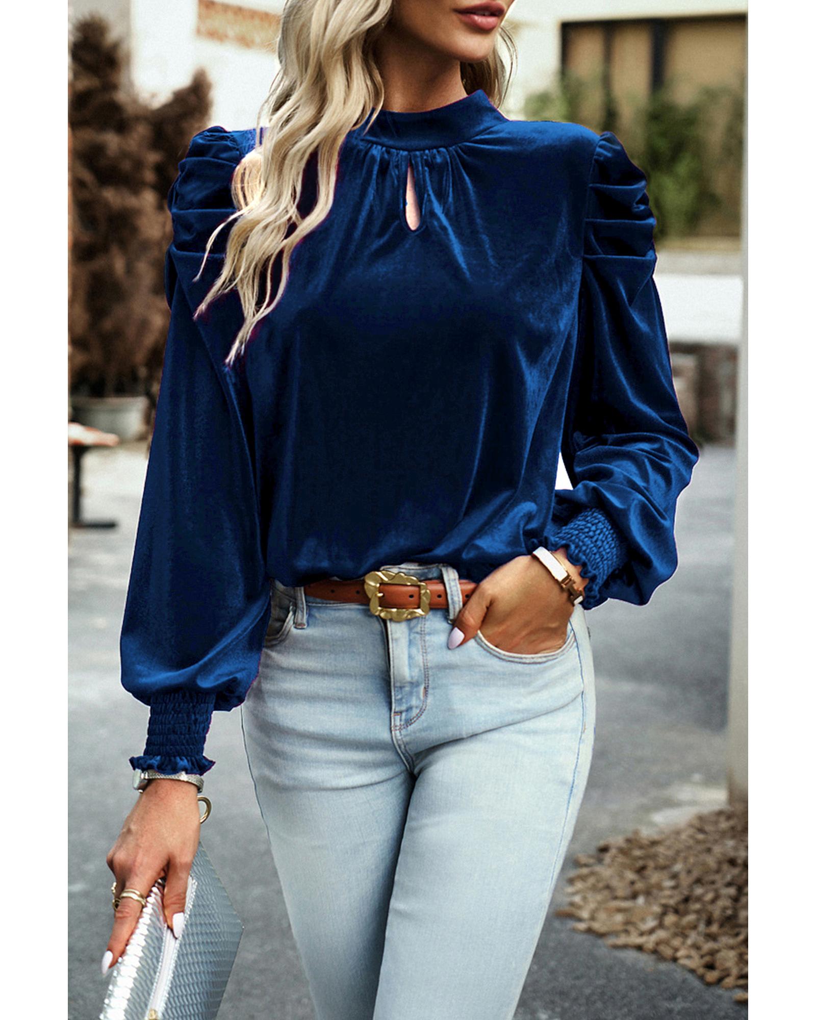 V539-AZEXDC25123529-P205-L-202508270215-00 Sky Blue Fiery Mock Neck Puff Sleeve Velvet Blouse - L - Image 1