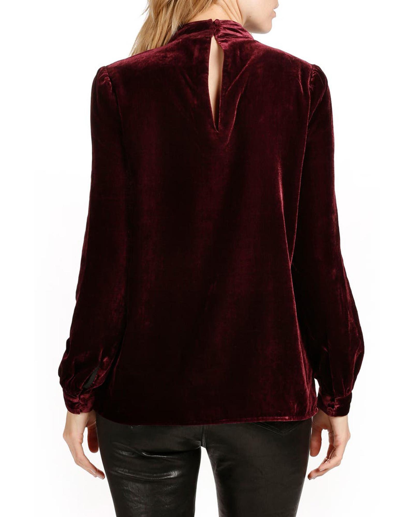 V539-AZEXDC25124203-P503-M-202508270450-00 Biking Red Choker Neck Hollow-out Velvet Blouse - M - Image 1