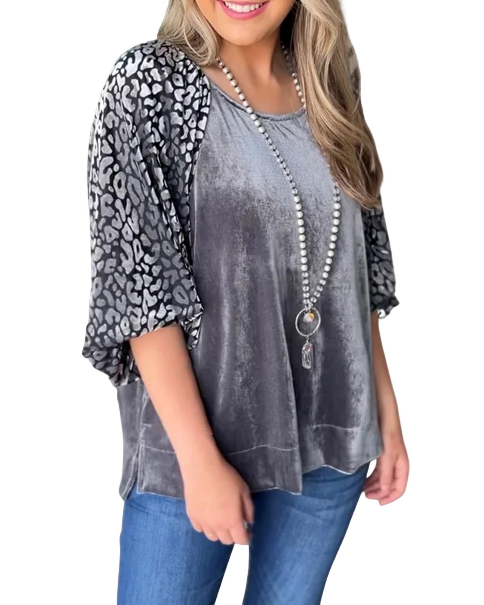 V539-AZEXDC25124361-P3011-M-202508272035-00 Azura Exchange Medium Grey Leopard Splicing Lantern Sleeve Velvet Blouse - M - Image 1