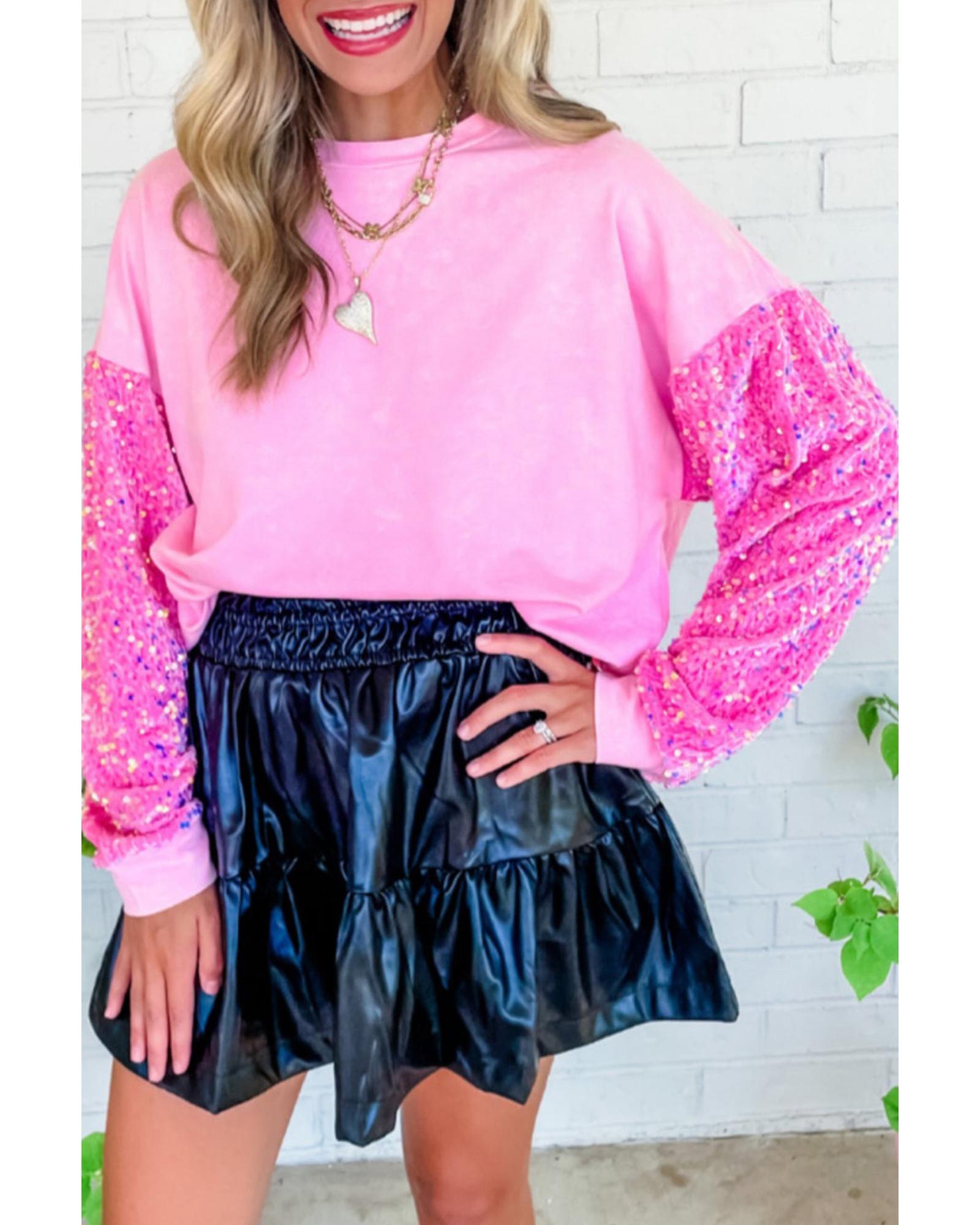 V539-AZEXDC25124364-P10-M-202508270320-00 Azura Exchange Pink Sequin Patchwork Long Sleeve Pullover Top - M - Image 1