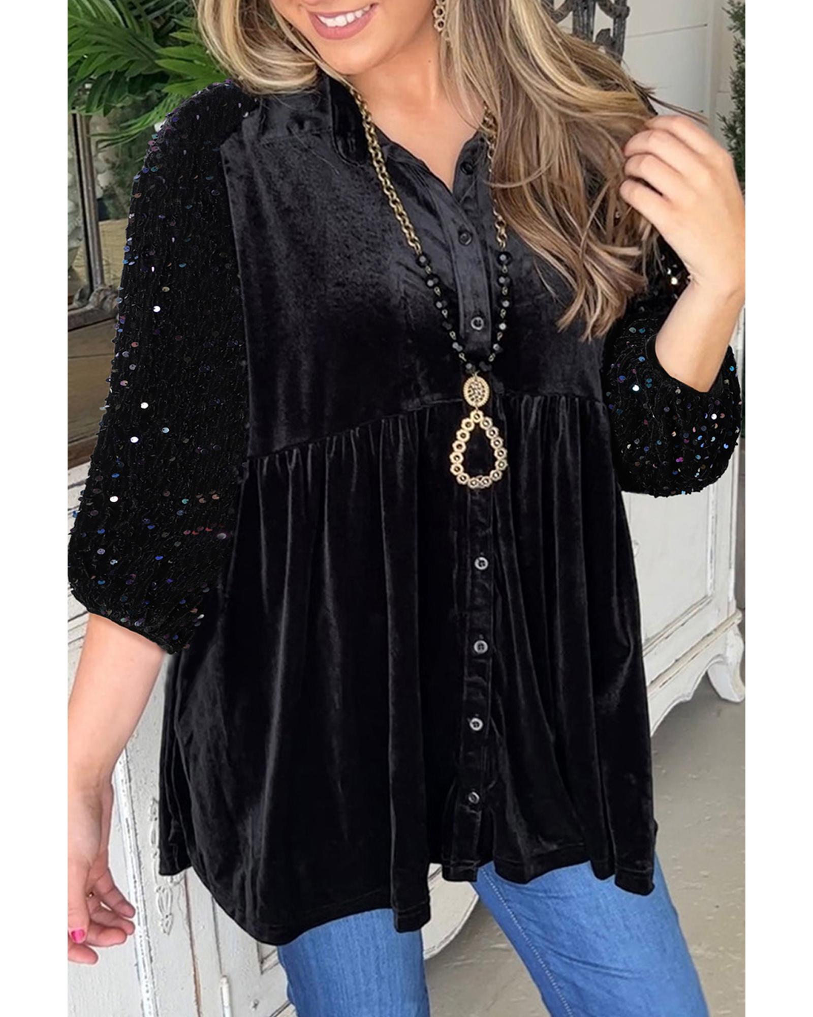 V539-AZEXDC25124856-P2-L-202506112127-00 Black Sequin Puff Sleeve Buttoned Velvet Peplum Shirt - L - Image 1