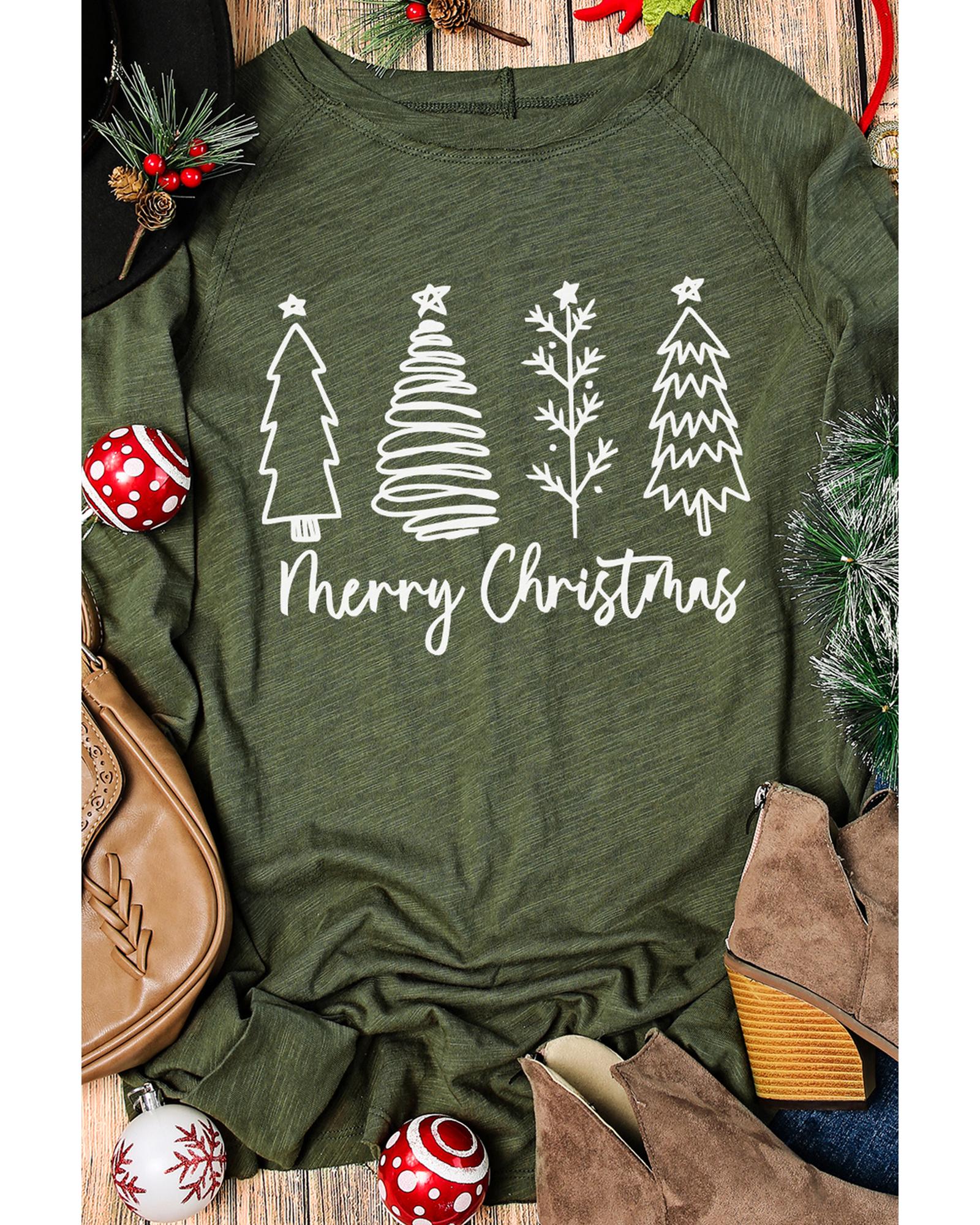 V539-AZEXDC25125068-9-L-202508270225-00 Green Merry Christmas Trees Thumbhole Sleeve Graphic Tee - L - Image 1