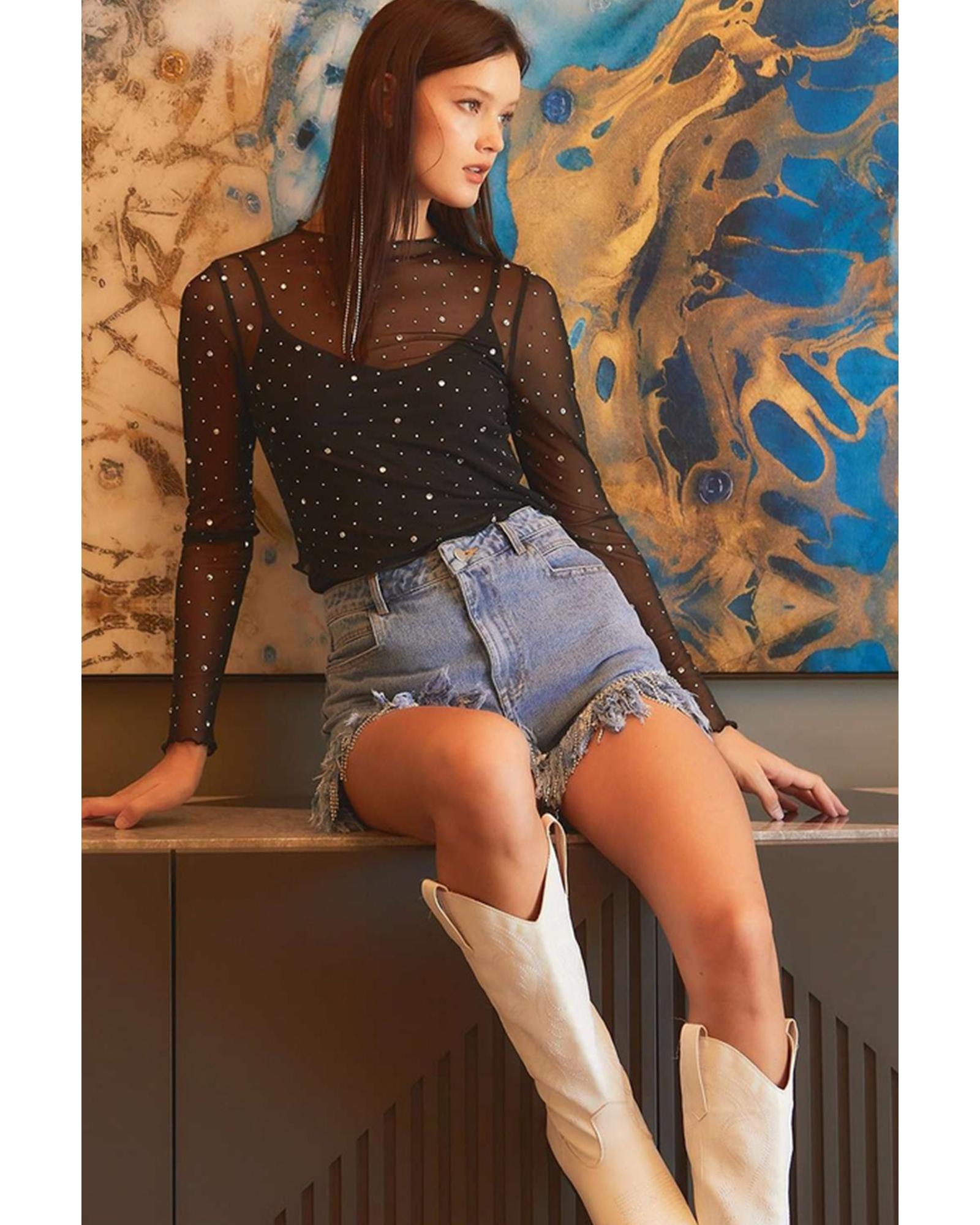 V539-AZEXDC25125092-P2-S-202506112152-00 Black Rhinestone Sheer Mesh Slim Fit Long Sleeve Top - S - Image 1