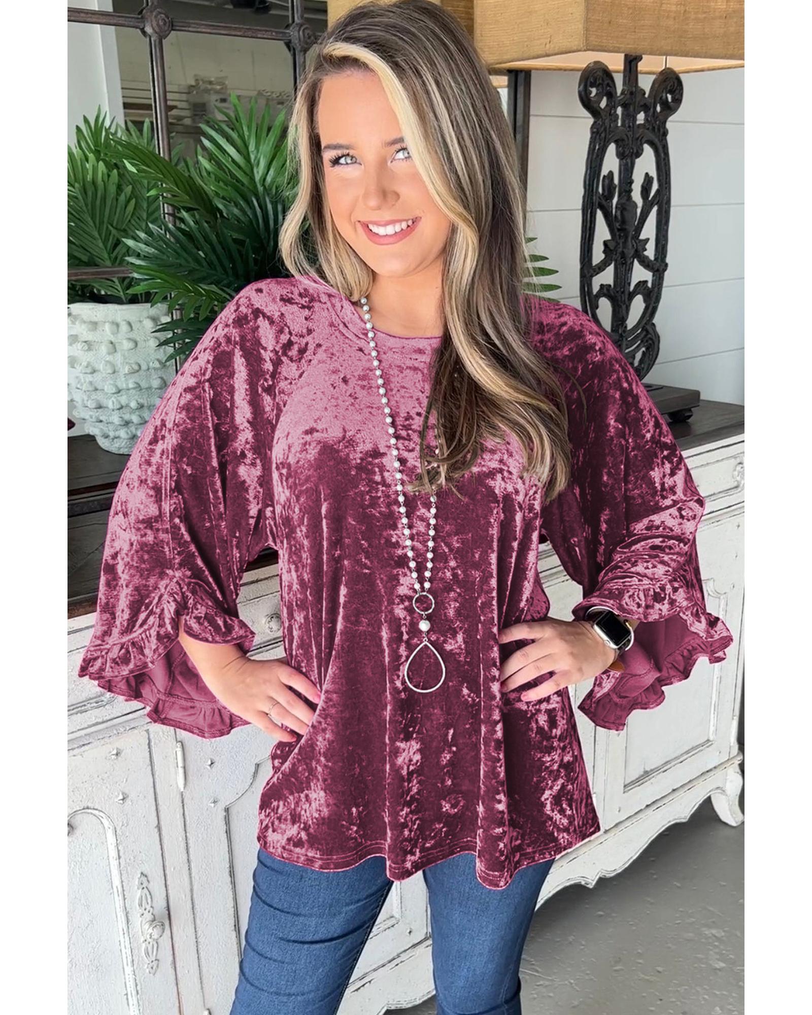 V539-AZEXDC25125347-P403-L-202508270255-00 Red Dahlia Velvet Pagoda Sleeve Crew Neck Top - L - Image 1