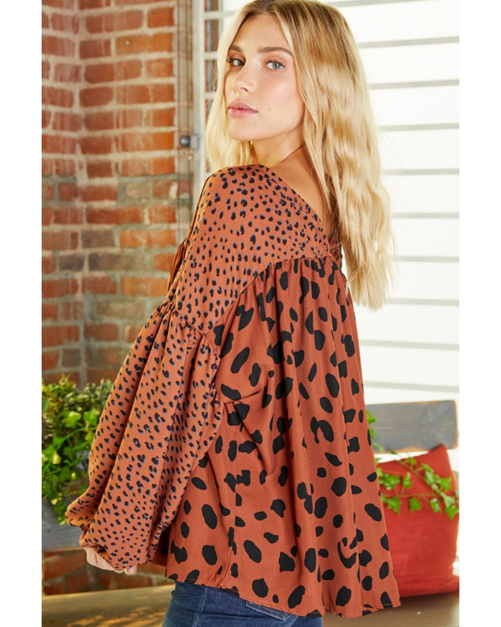 V539-AZEXDC25125445-P1720-L-202508271215-00 Brown Contrast Leopard Print Bubble Sleeve Blouse - L - Image 1