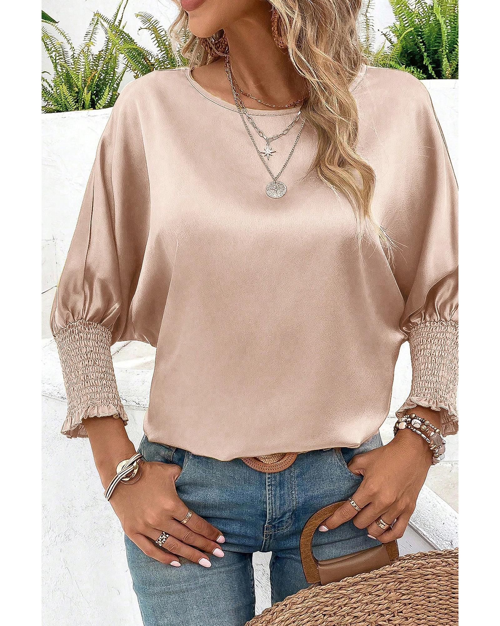 V539-AZEXDC25125503-P7016-S-202508271825-00 Smoke Gray Shirred Dolman Sleeve Satin Blouse - S - Image 1