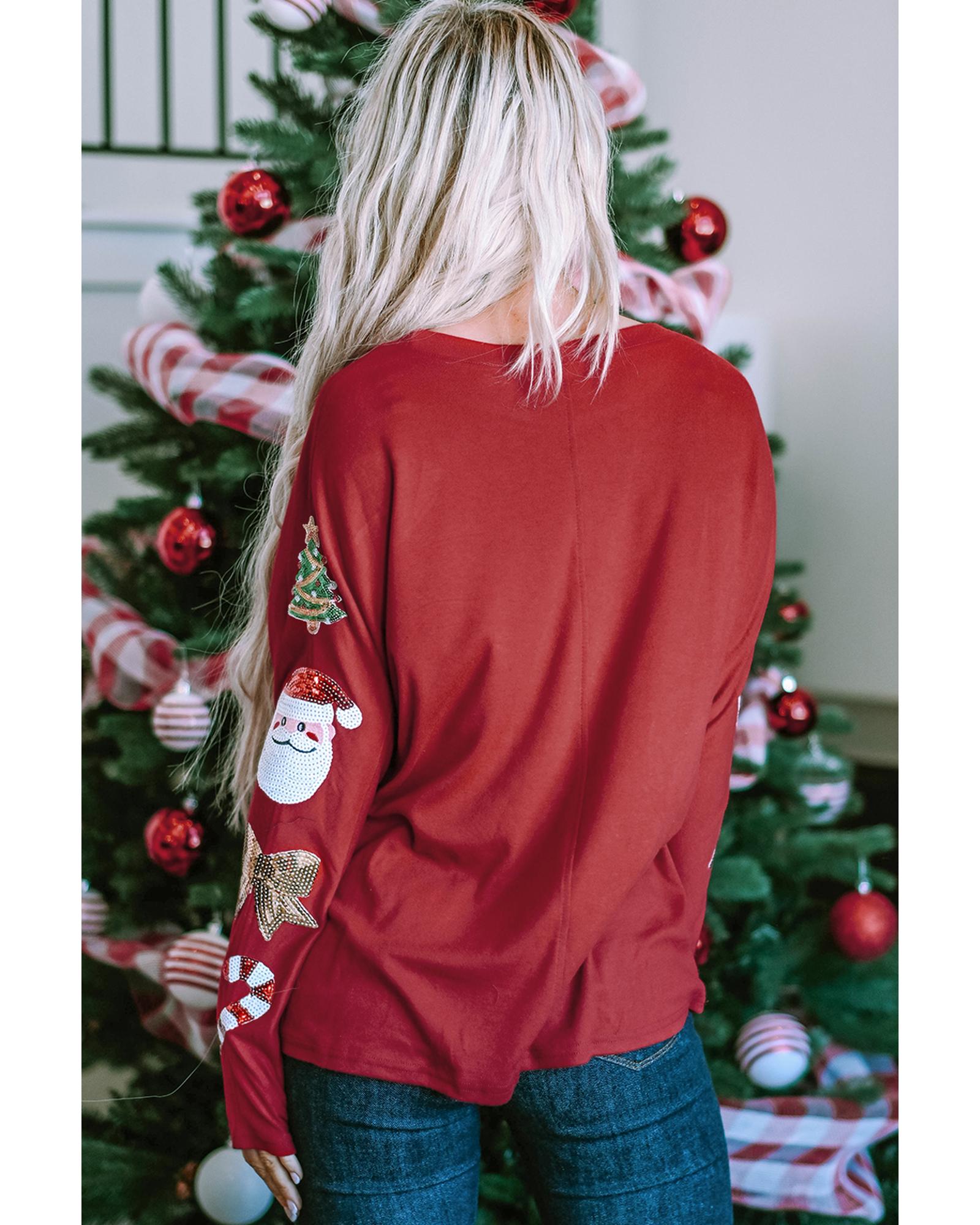 V539-AZEXDC25125585-3-S-202506112235-00 Red Sequined Christmas Favor Sleeve Casual Pullover - S - Image 1