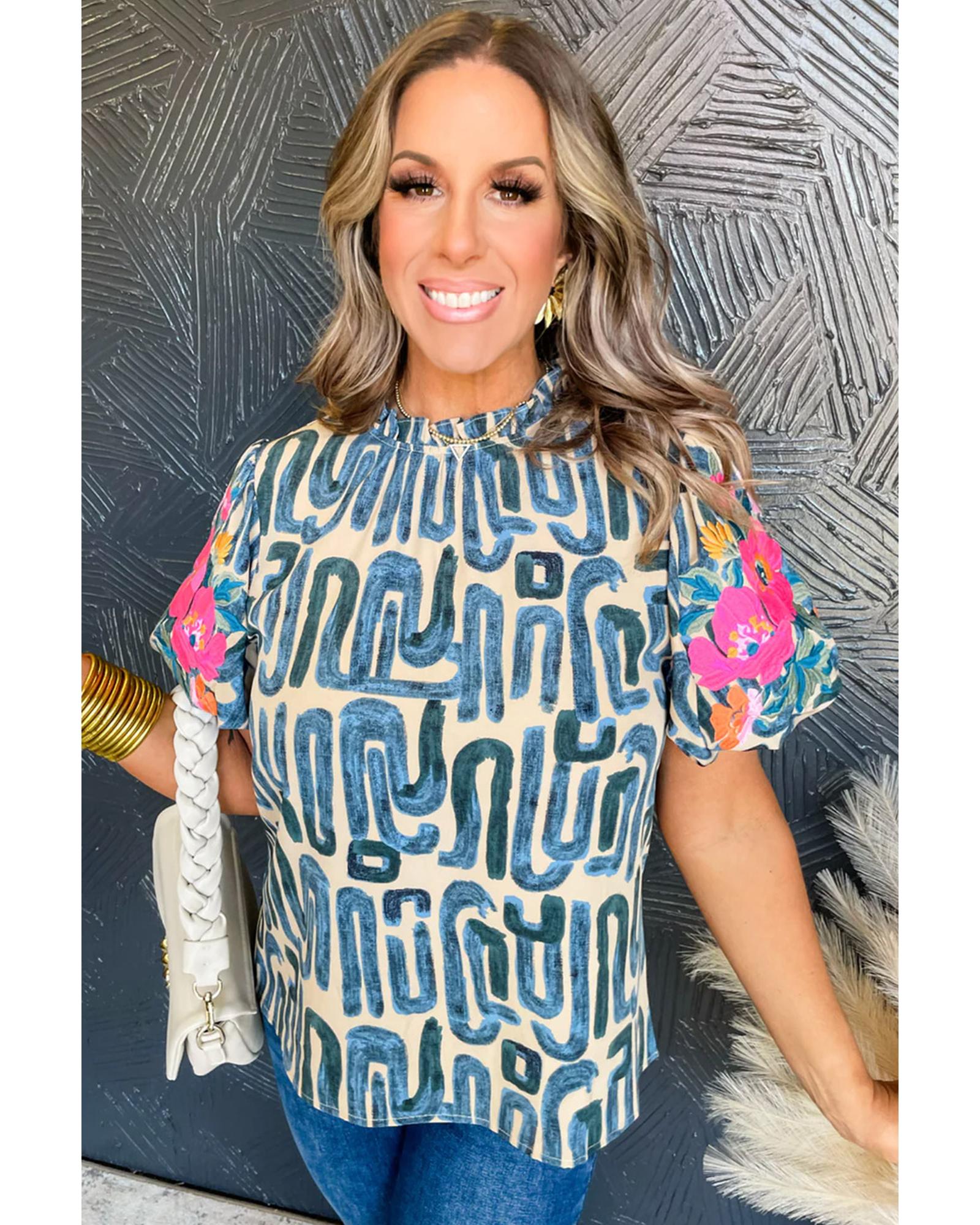 V539-AZEXDC25125683-P15-XL-202508270350-00 Beige Embroidered Puff Sleeve Frilled Neck Printed Top - XL - Image 1