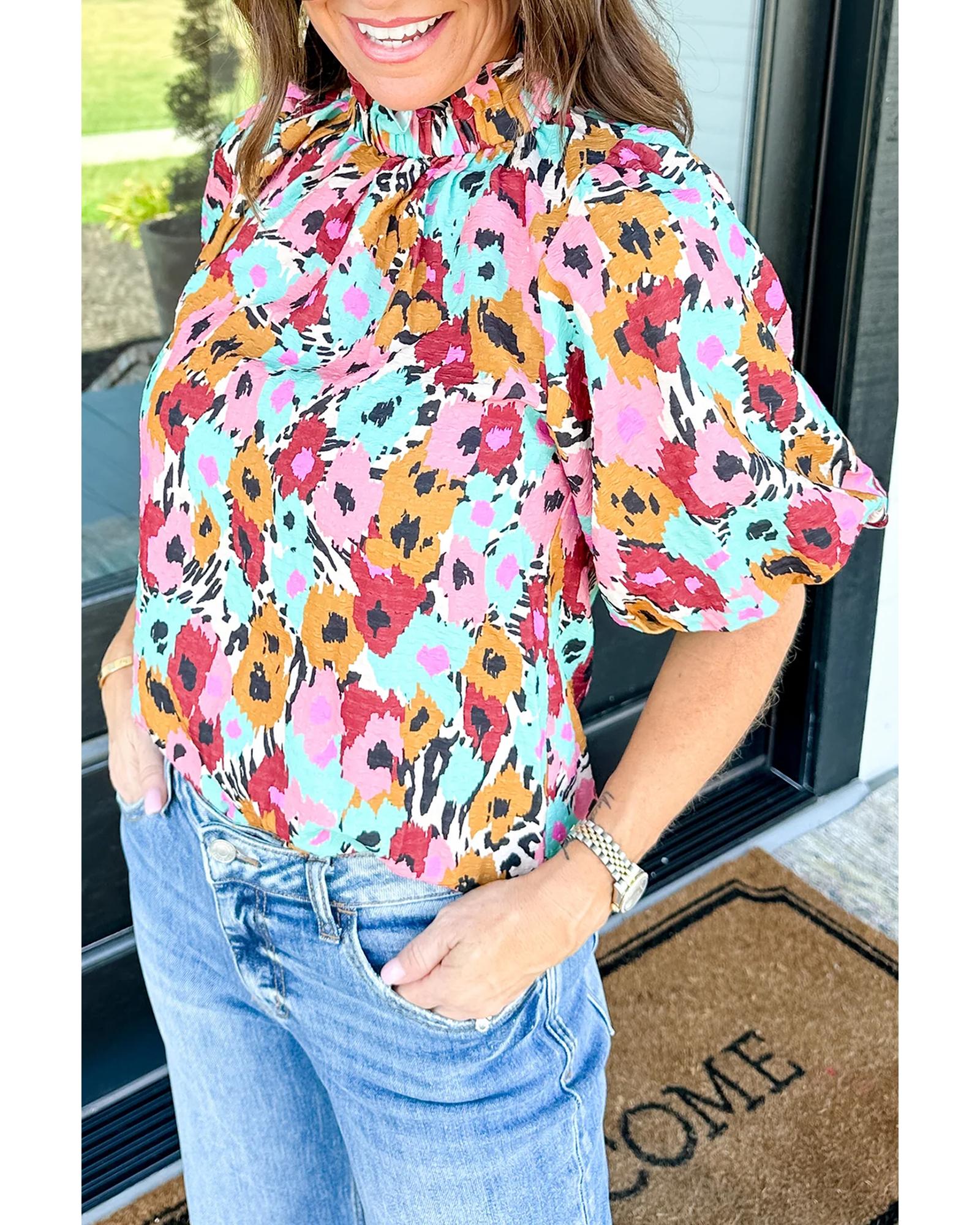 V539-AZEXDC25125694-P122-L-202506191711-00 White Frilled High Neck Buttons Back Floral Blouse - L - Image 1