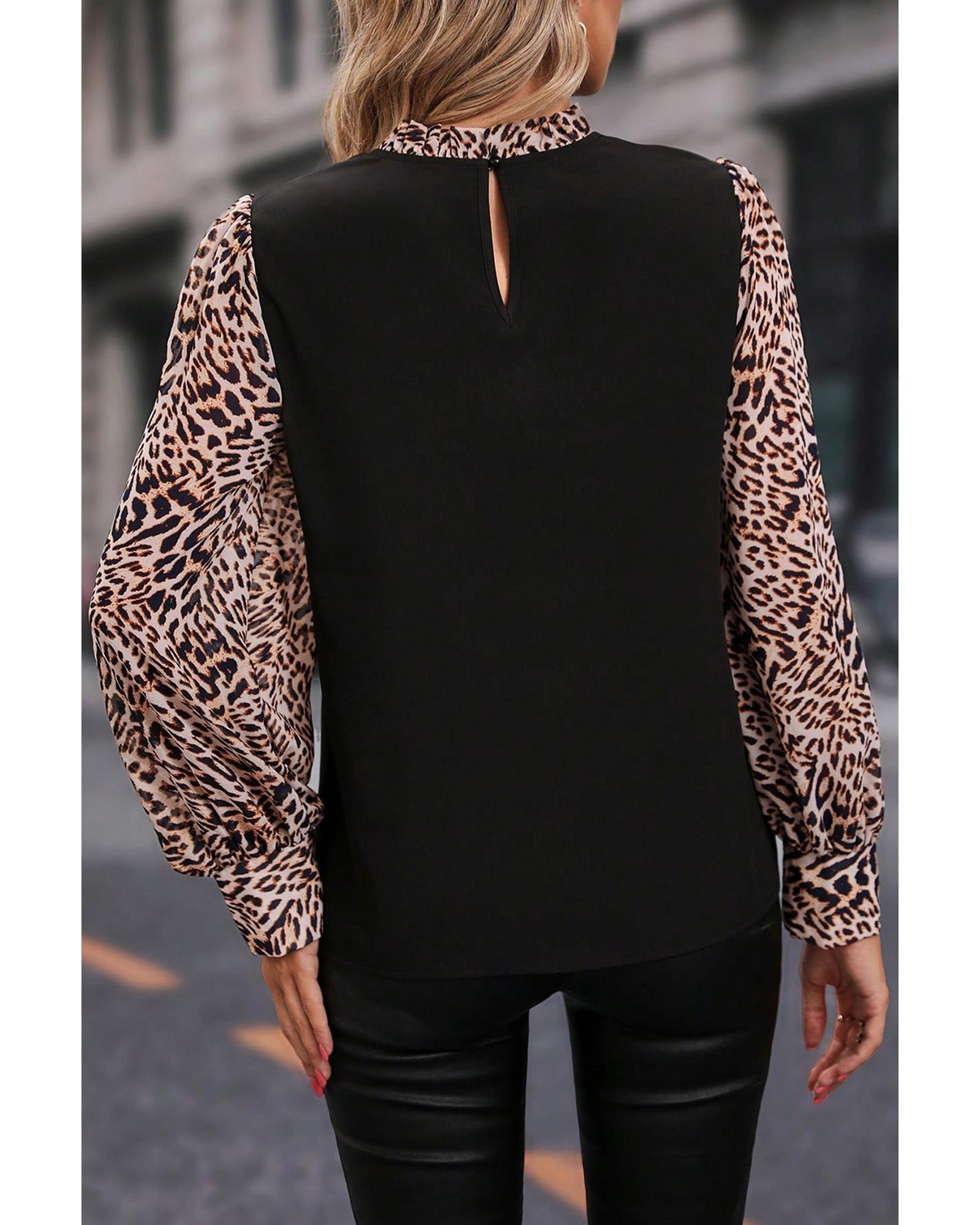 V539-AZEXDC25125885-P2-M-202508270915-00 Black Contrast Leopard Print Lantern Sleeve Blouse - M - Image 1