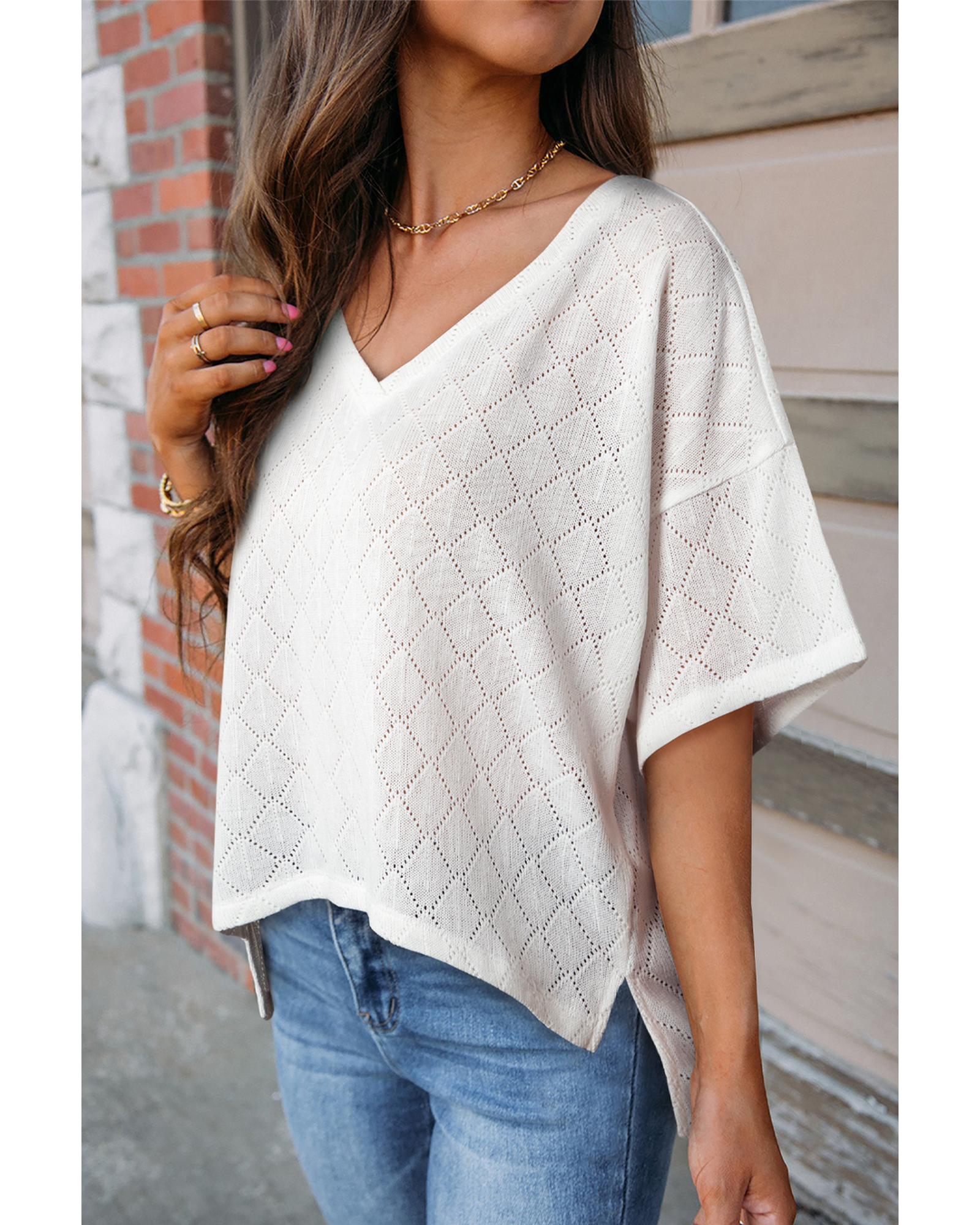 V539-AZEXDC25125917-P1-L-202508271425-00 White V Neck Knitted Flowy Blouse - L - Image 1