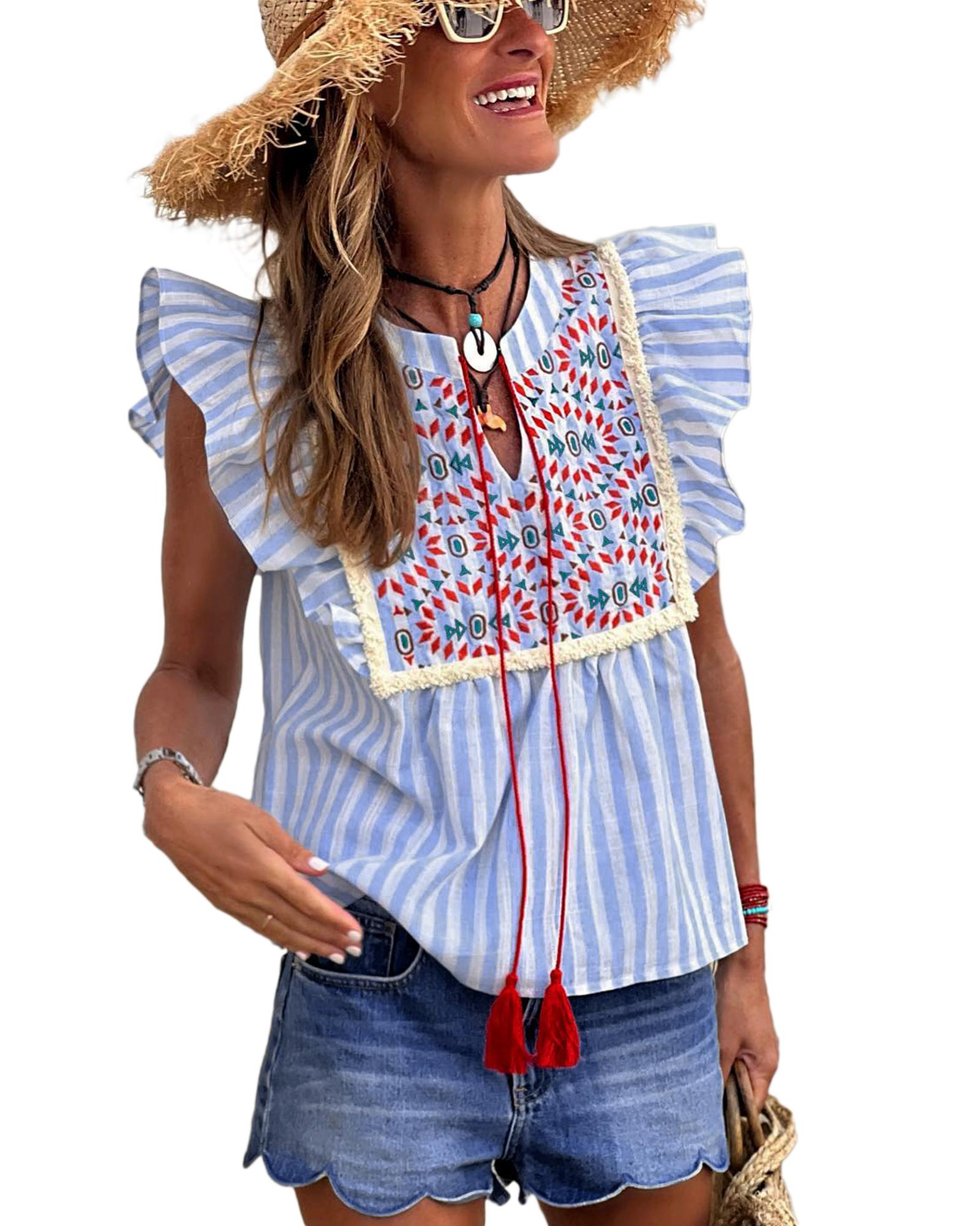 V539-AZEXDC25125937-P419-L-202508271210-00 Sky Blue Stripe Geo Pattern Embroidered Tassel Flutter Blouse - L - Image 1