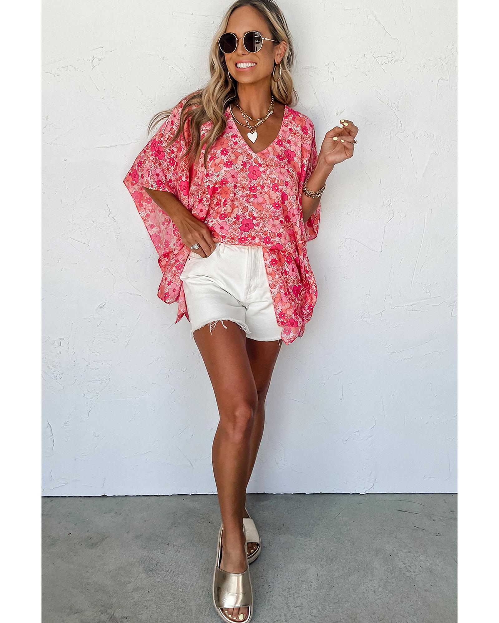 V539-AZEXDC25126117-P1020-S-202506120020-00 Pink Boho Floral V Neck Kimono Style Blouse - S - Image 1