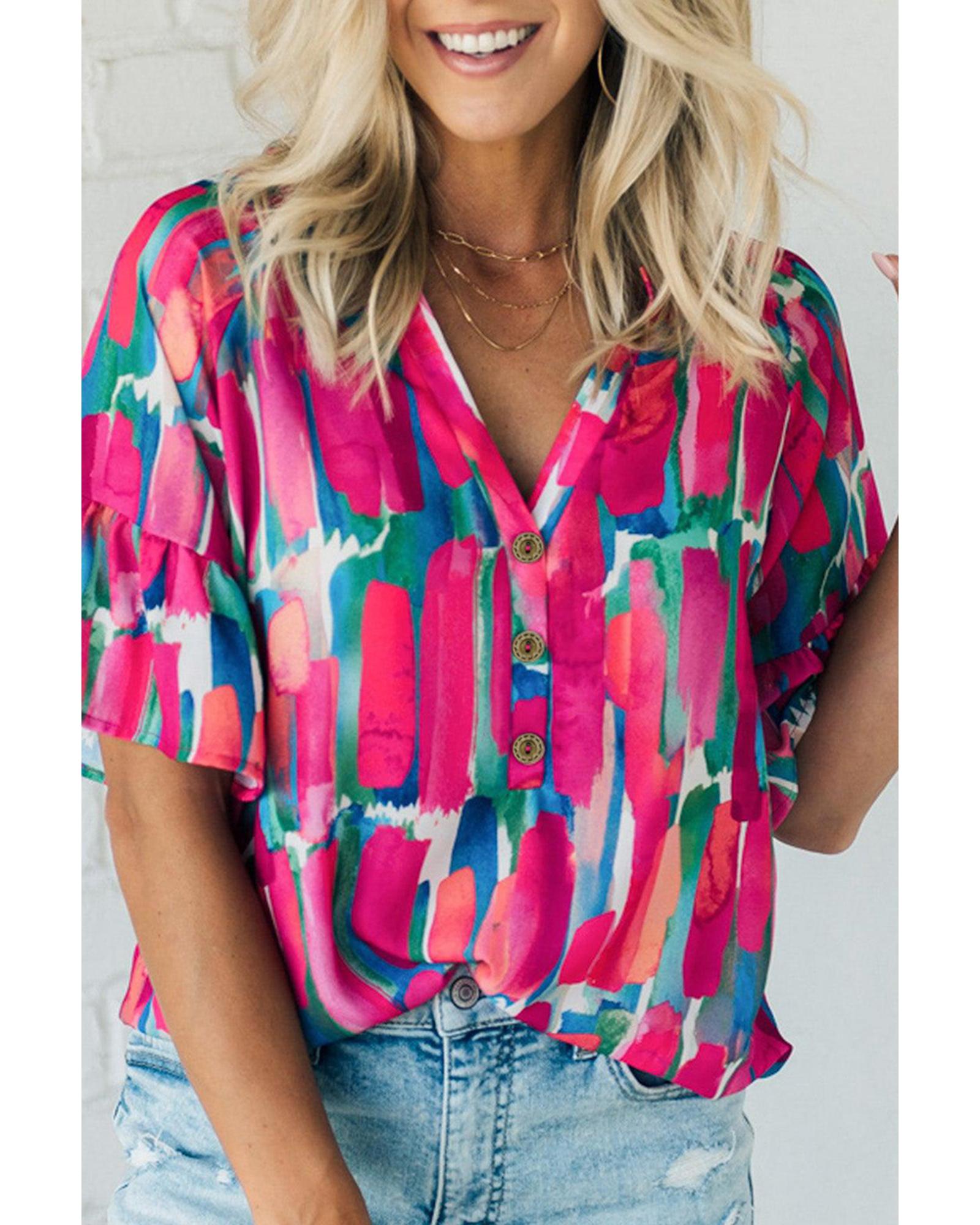 V539-AZEXDC25126206-P620-S-202506120042-00 Rose Abstract Brushwork Print Buttoned V Neck Blouse - S - Image 1