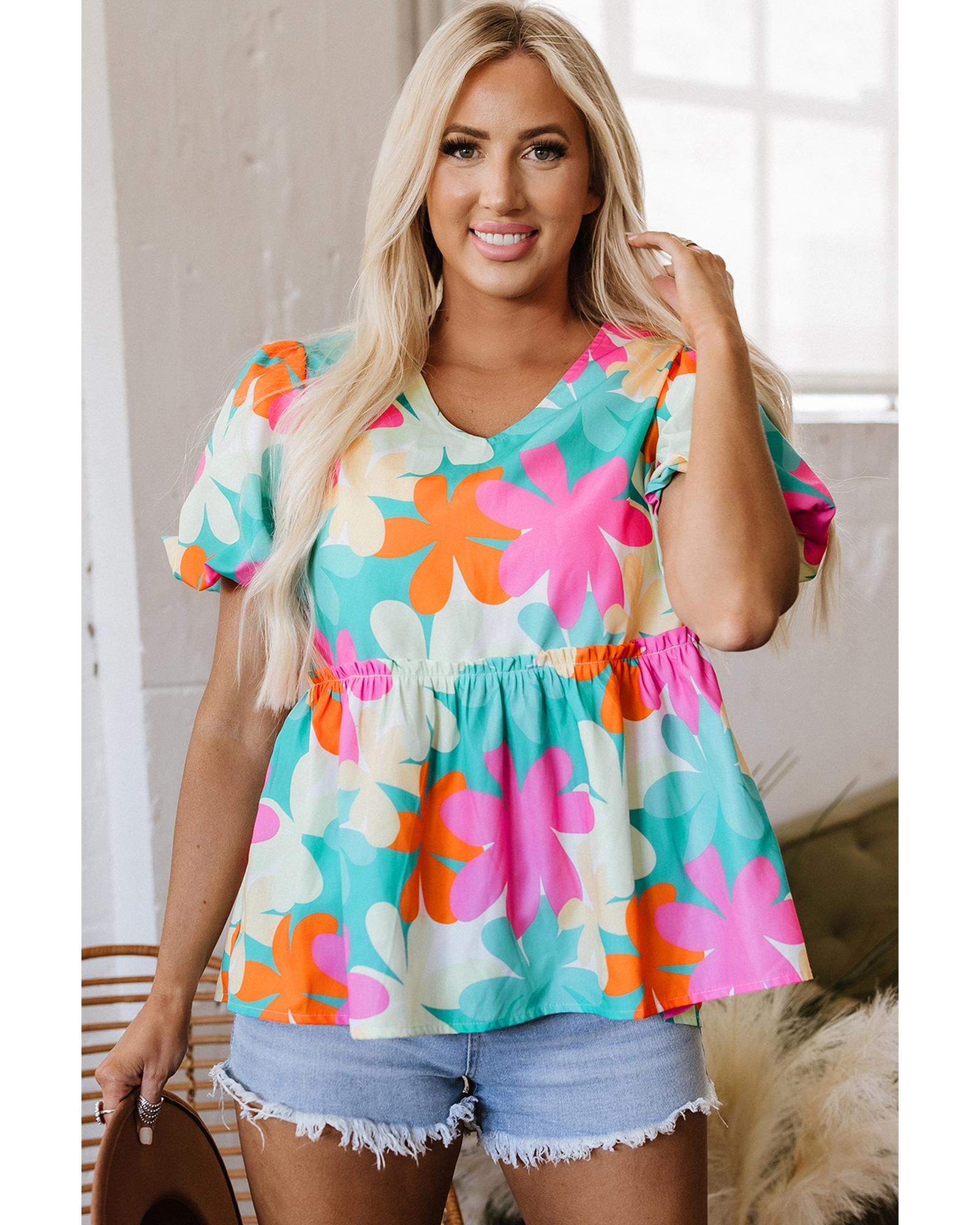 V539-AZEXDC25126253-P1020-M-202508272225-00 Pink Floral Print Bubble Sleeve V Neck Peplum Blouse - M - Image 1