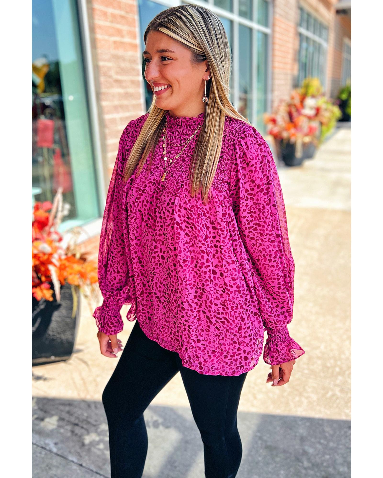 V539-AZEXDC25126315-P620-L-202508271415-00 Rose Leopard Shirred Puff Sleeve Flowy Blouse - L - Image 1